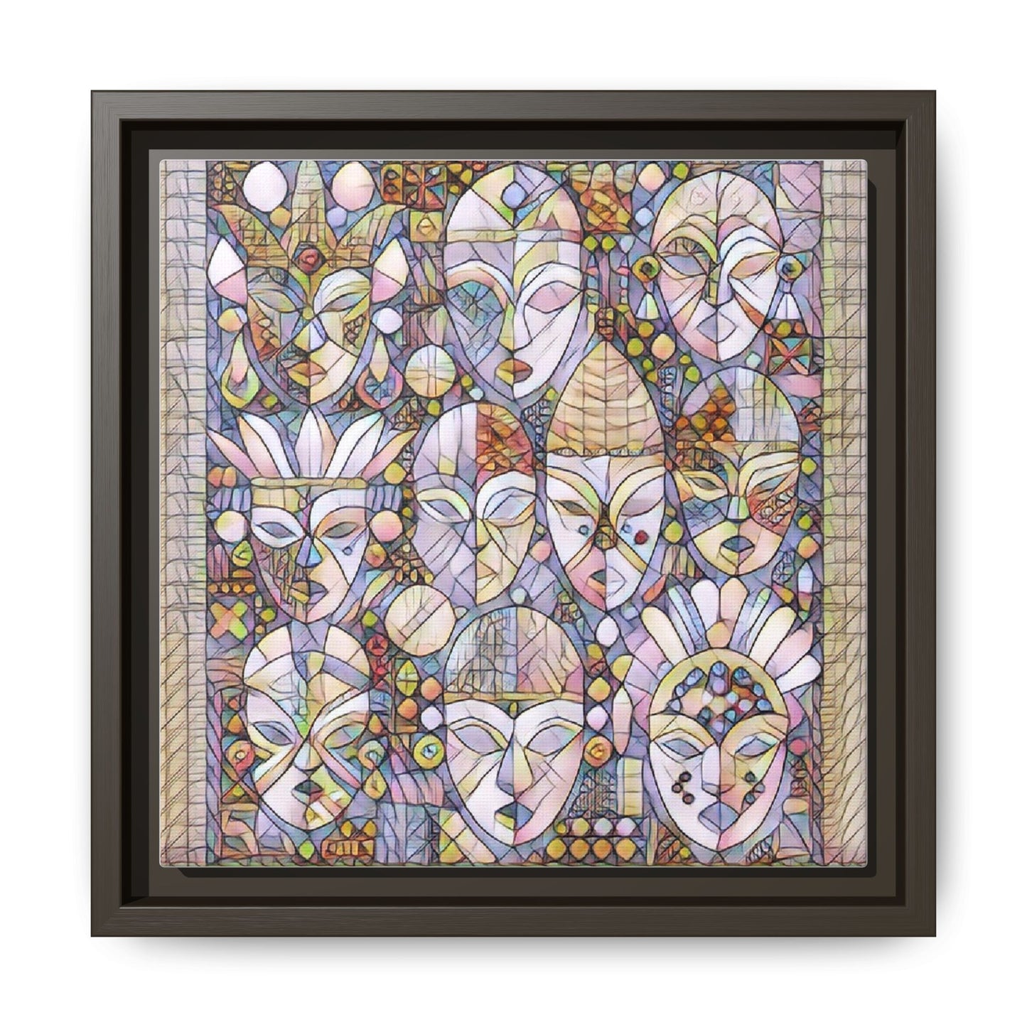 Framed Abstract Mask Art Canvas — Multicolor Stained-Glass Faces Wall Decor