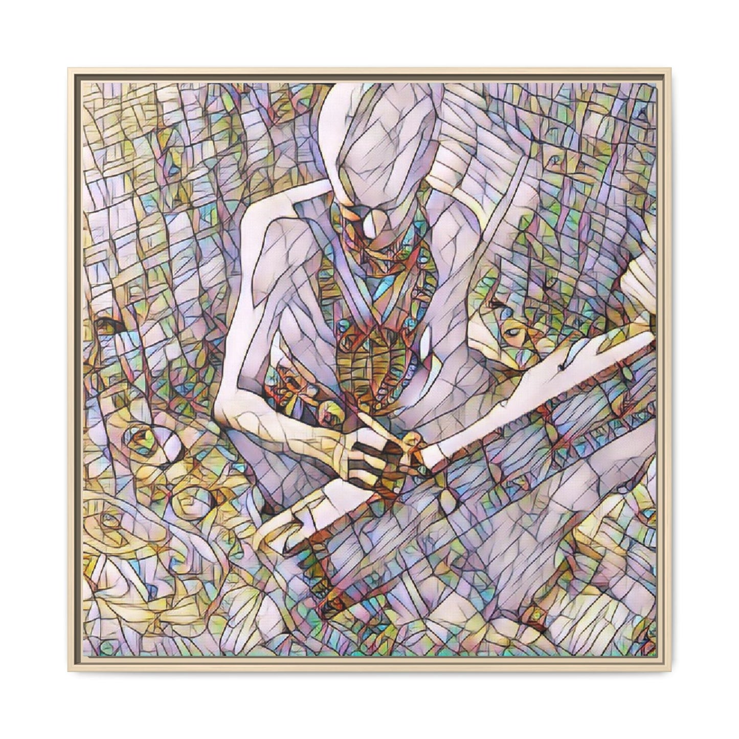 Abstract Fantasy Warrior Matte Framed Canvas — Colorful Stained-Glass Style Art