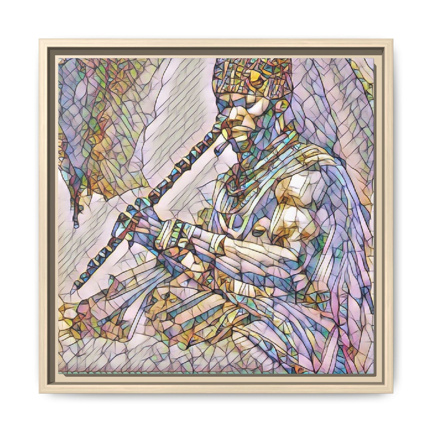 Tribal Flute Musician Stained-Glass Framed Canvas Art