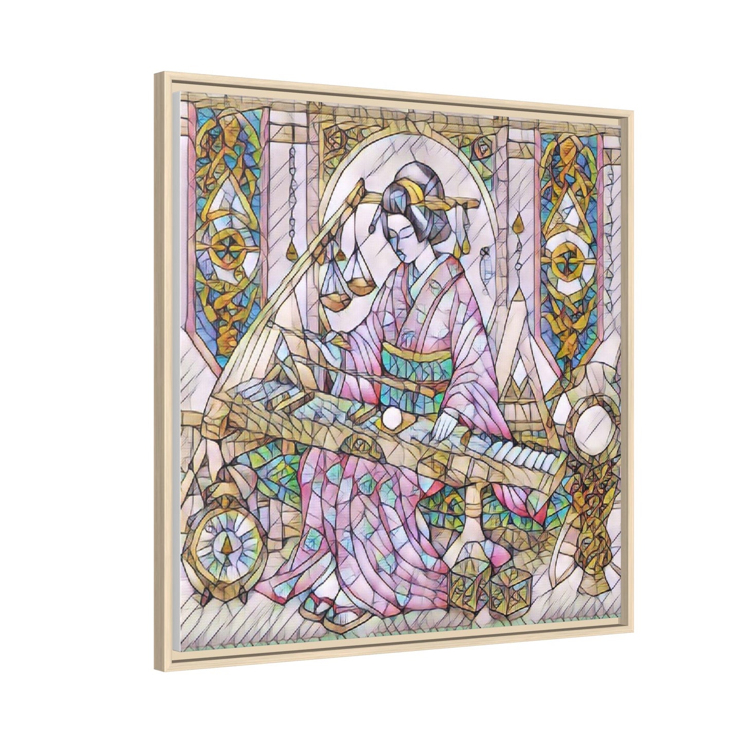 Framed Matte Canvas — Geisha Harp Stained-Glass Art Print