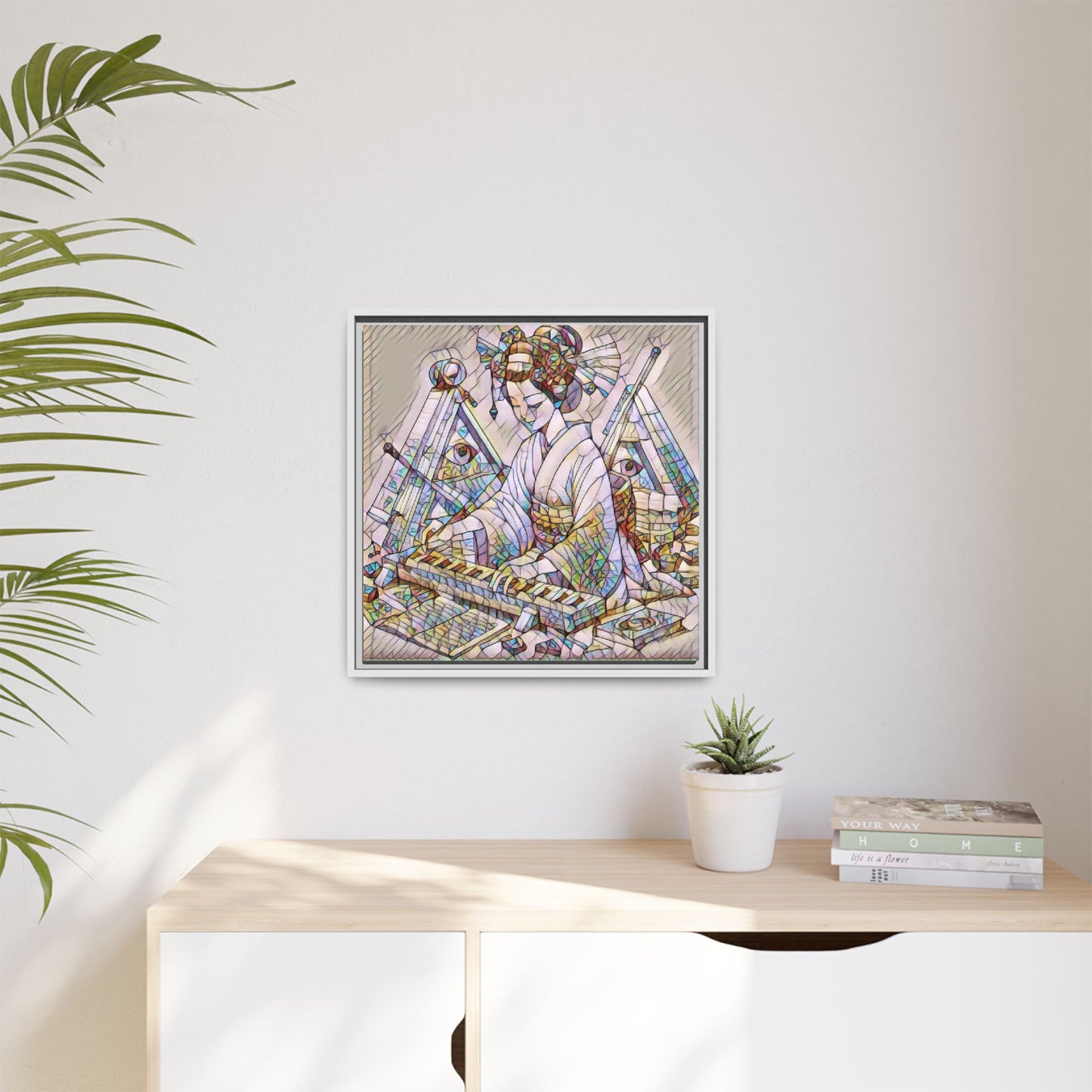 Framed Matte Canvas: Stained-Glass Geisha Wall Art