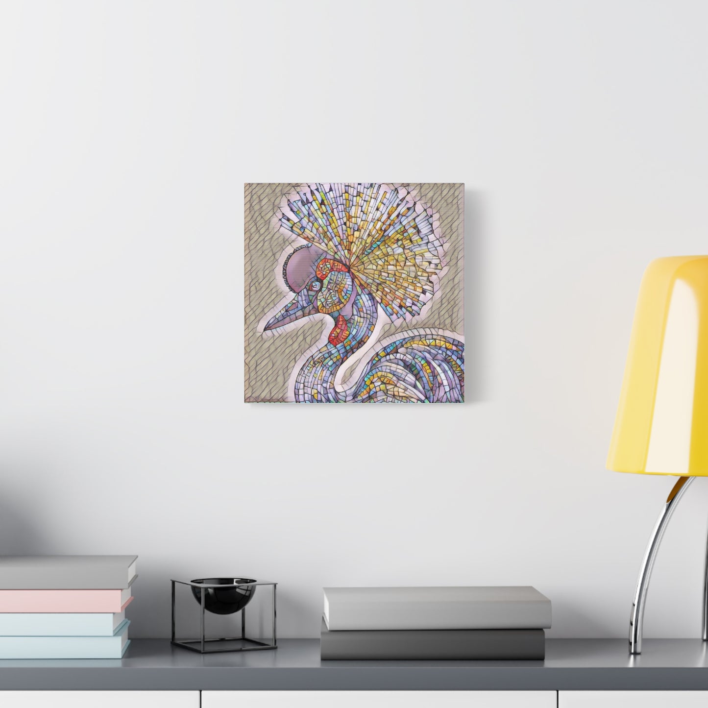 Colorful Mosaic Crowned Crane Canvas Wall Art — Stretched Matte Print