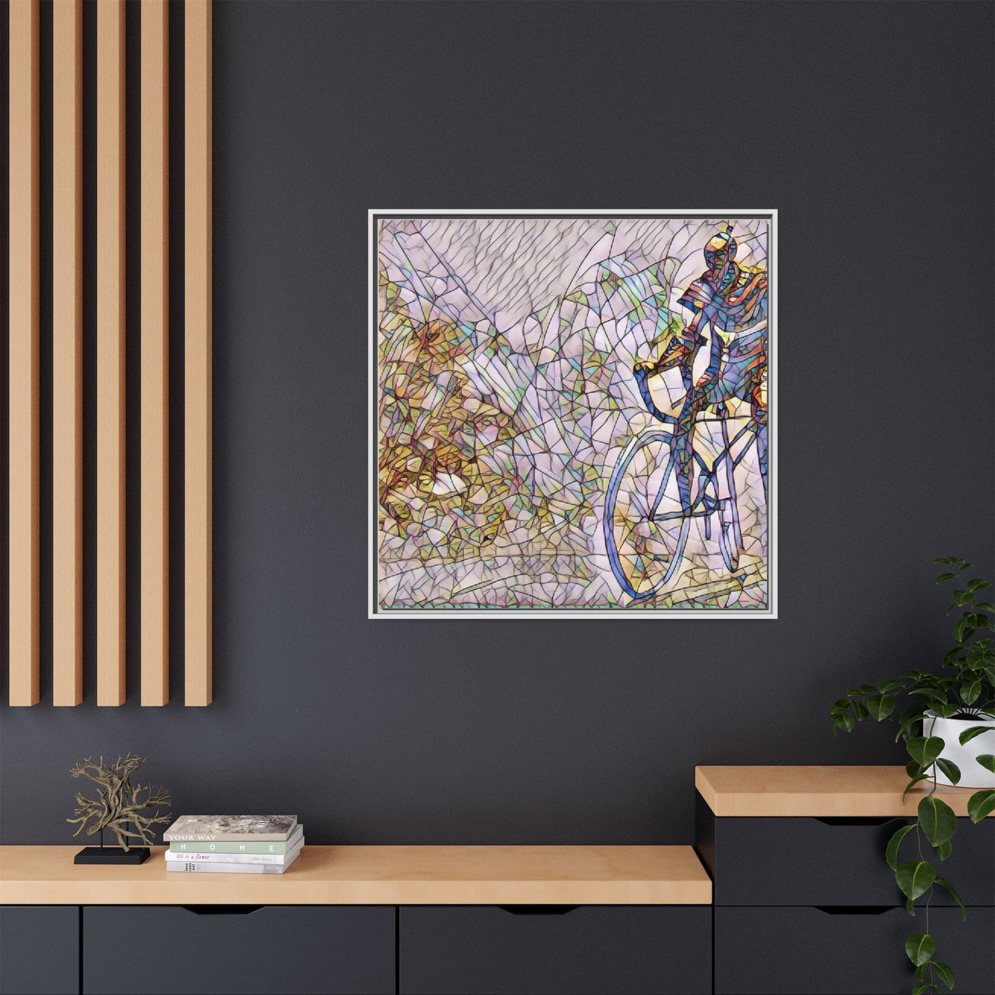 Colorful Cyclist Stained-Glass Art — Framed Matte Canvas