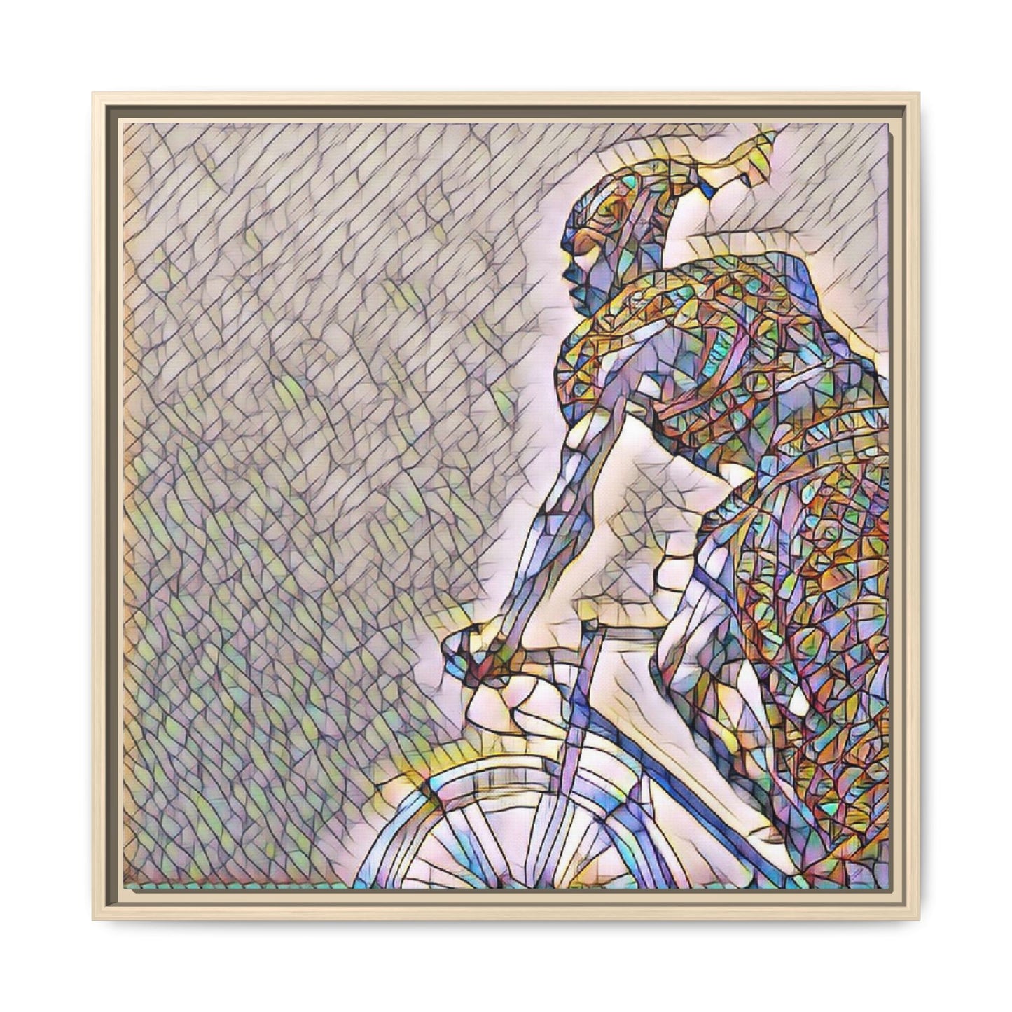 Cyclist Mosaic Matte Canvas Print — Framed Multicolor Bike Art