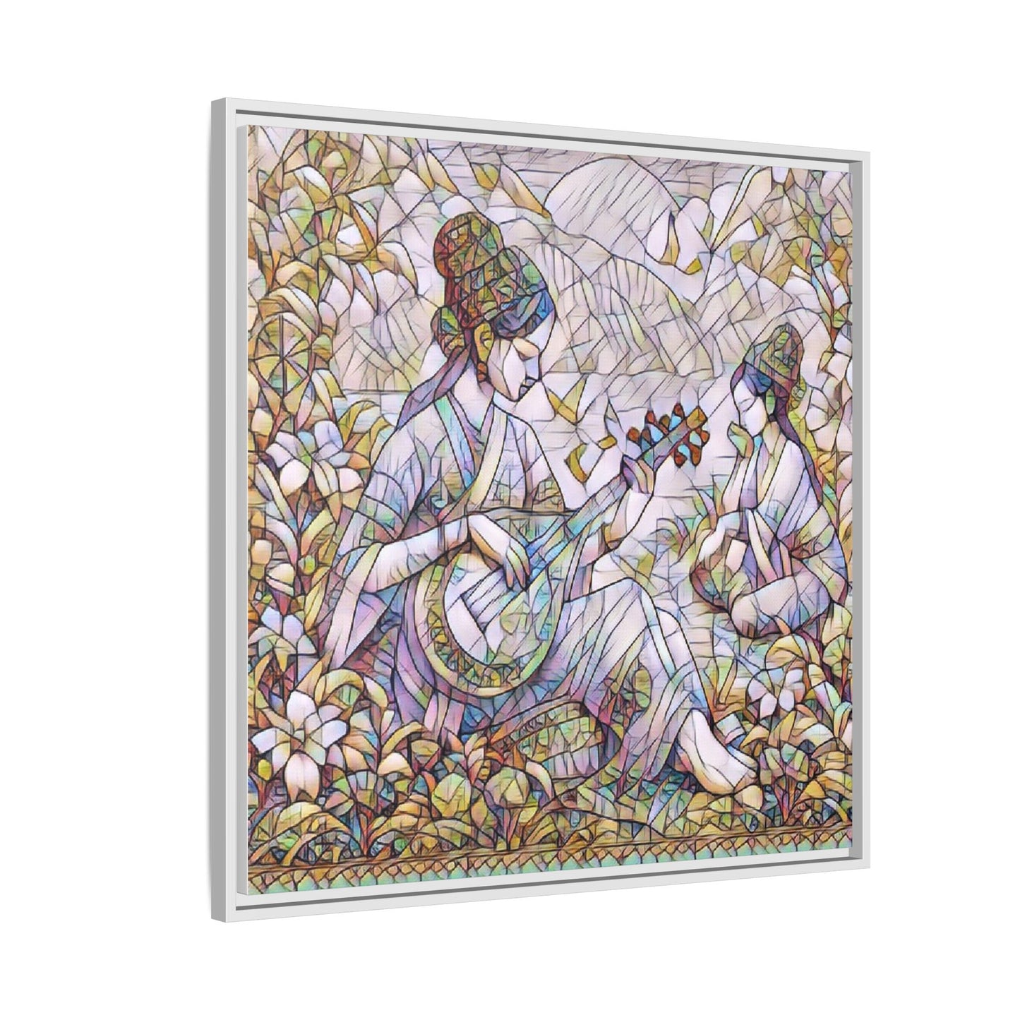 Framed Matte Canvas Art - Vintage Asian Musicians Floral Illustration