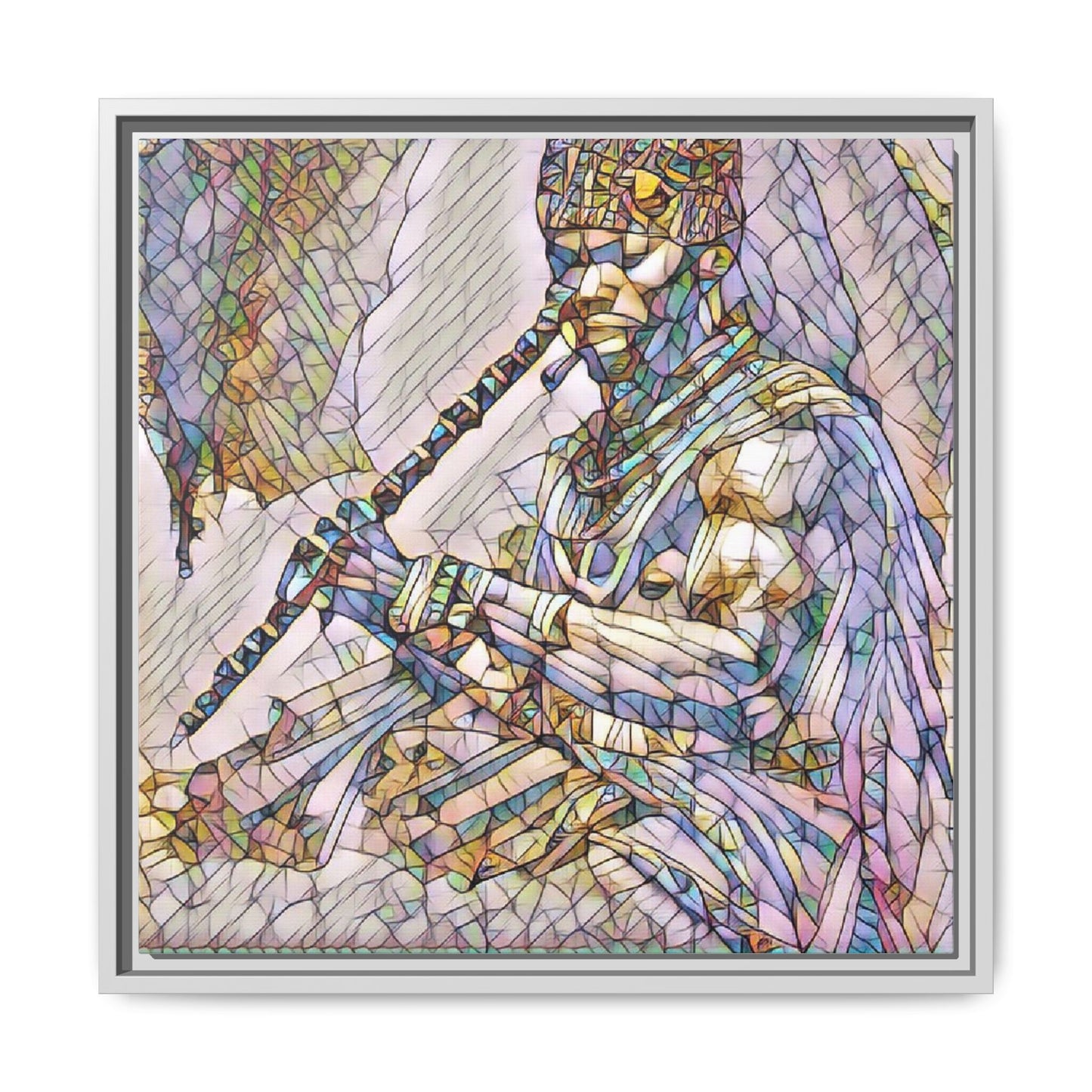 Tribal Flute Musician Stained-Glass Framed Canvas Art