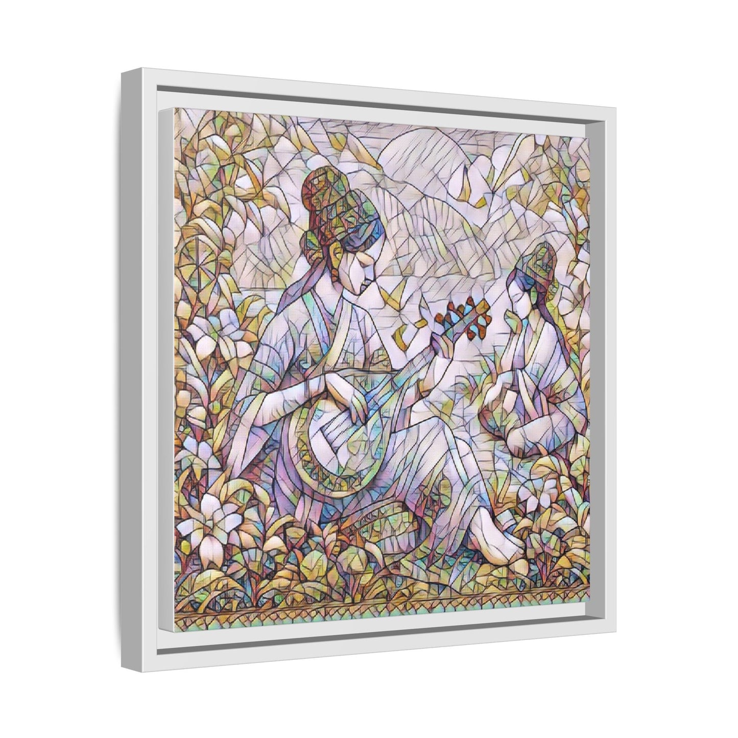 Framed Matte Canvas Art - Vintage Asian Musicians Floral Illustration