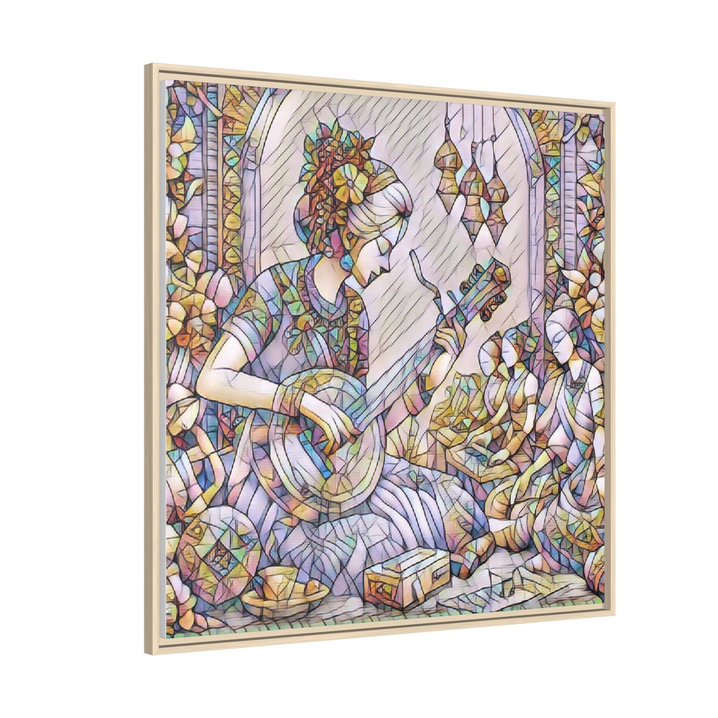 Framed Matte Canvas: Bohemian Woman Playing Lute — Stained-Glass Style Wall Art