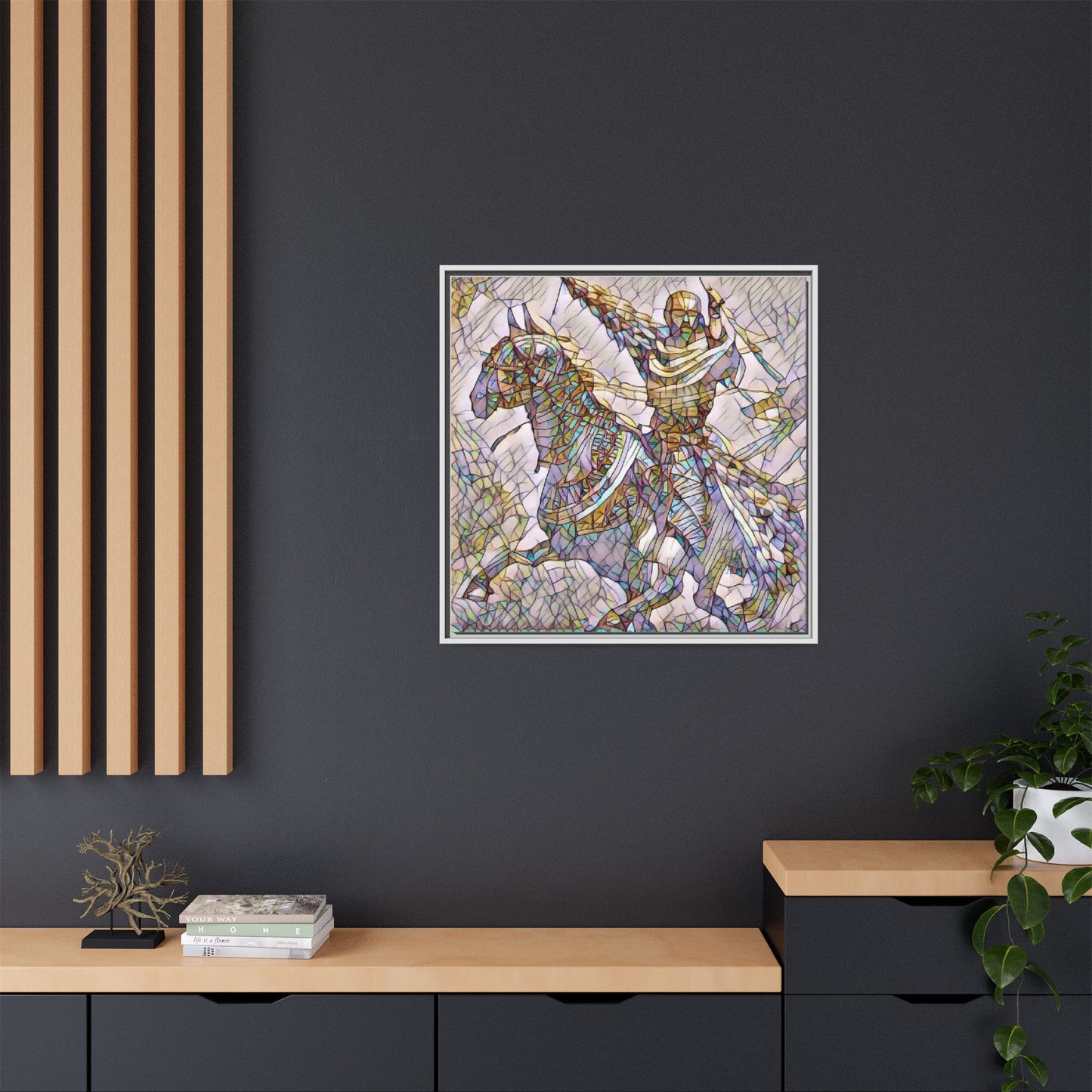 Framed Matte Canvas Print — Stained Glass Knight on Horse Artwork