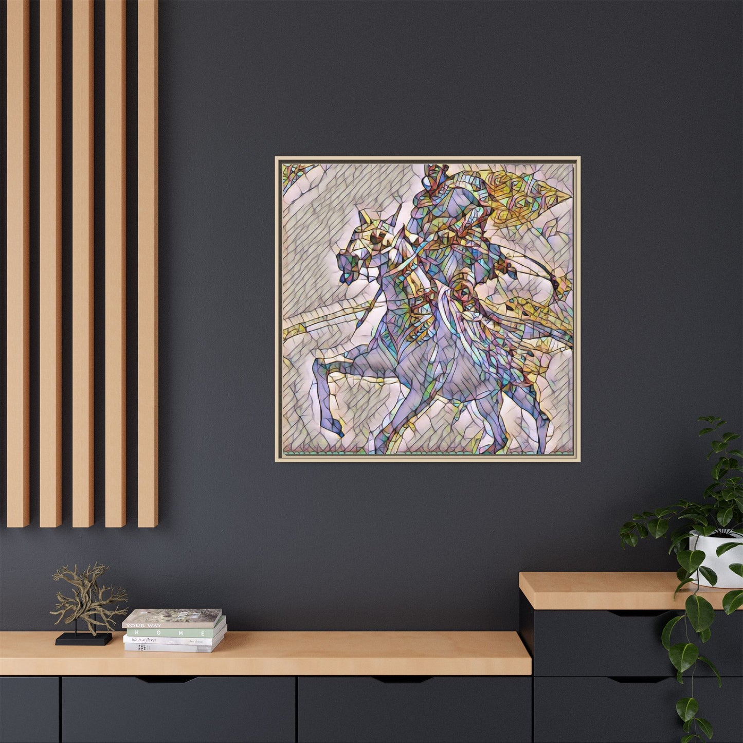 Framed Matte Canvas Art — Stained Glass Knight on Horse Fantasy Wall Decor
