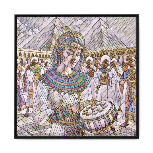 Egyptian Drum Player Framed Canvas Art — Colorful Ancient Scene Wall Decor