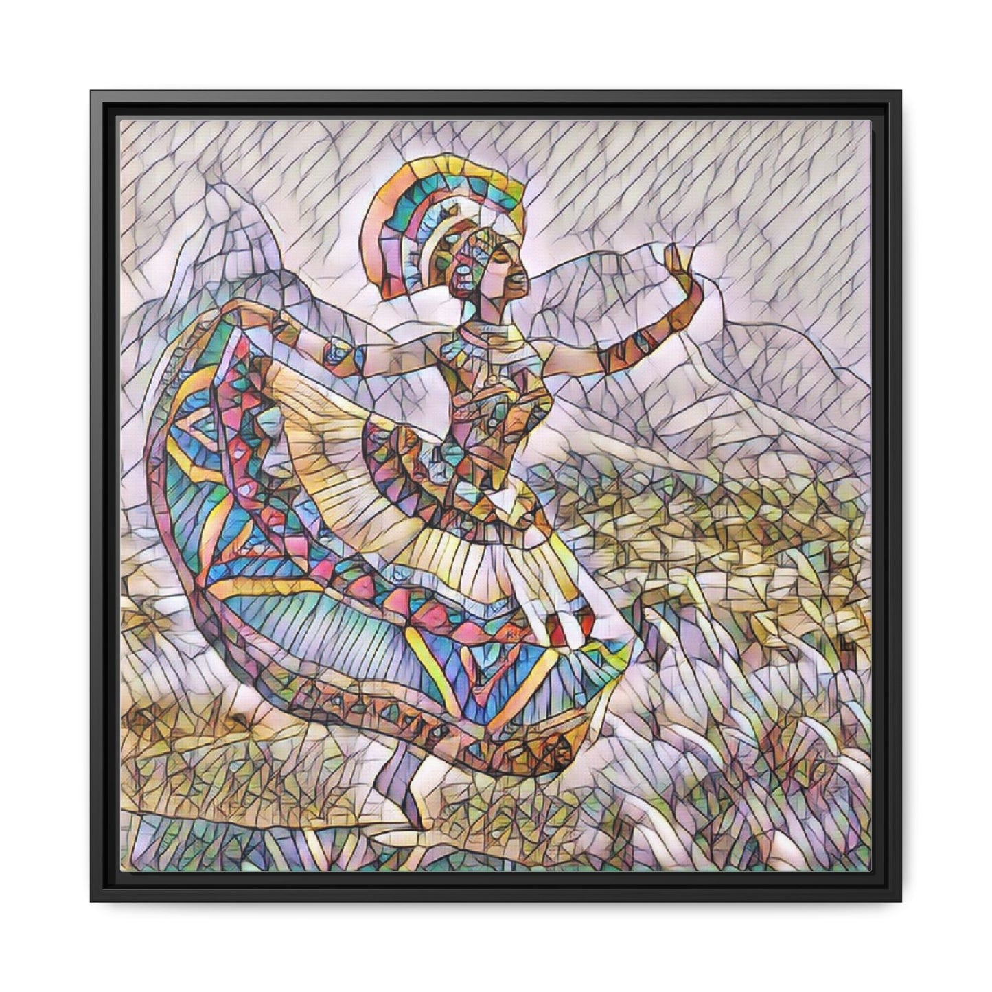 Ballerina Mosaic Framed Canvas Print — Colorful Ethnic Dance Wall Art