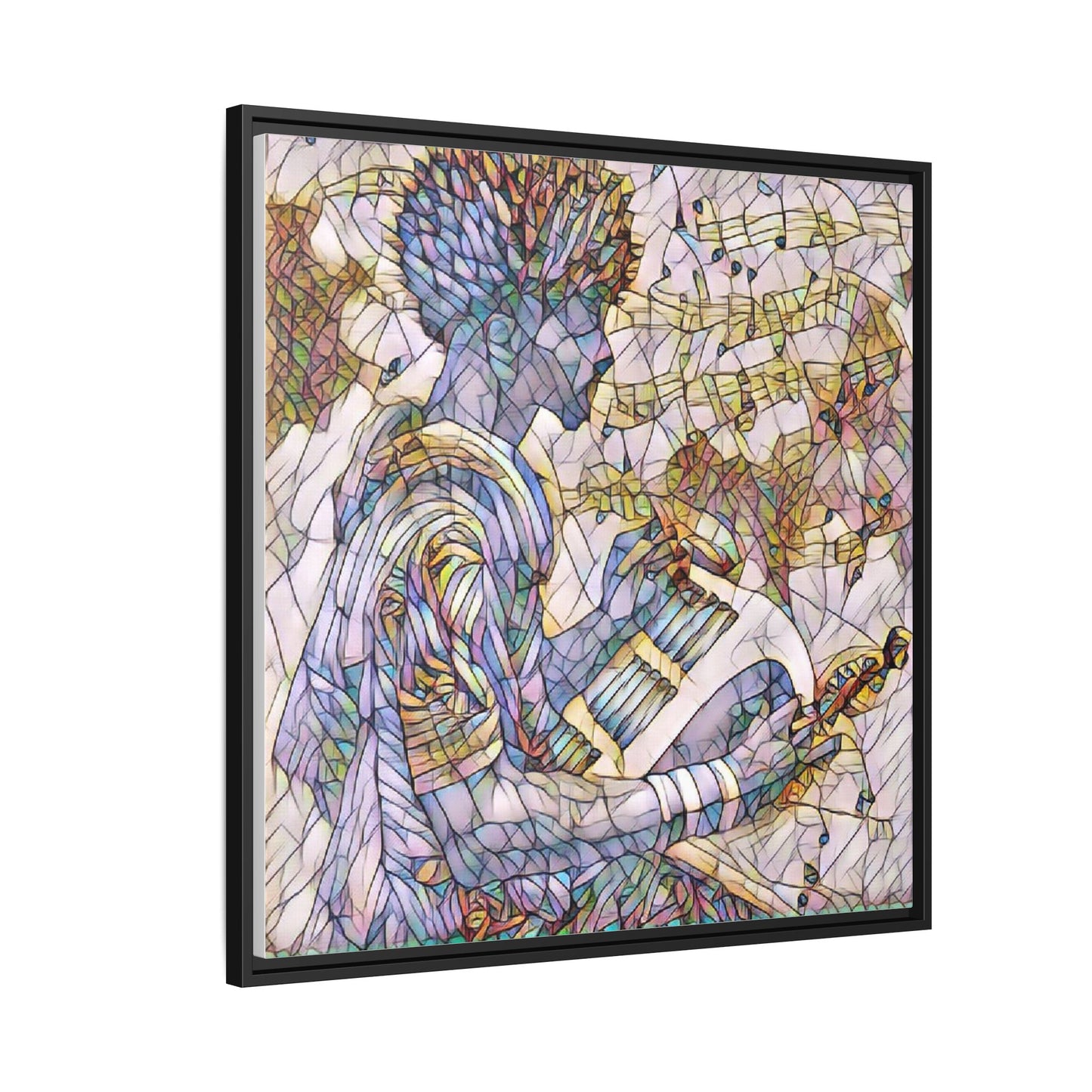 Abstract Jazz Musician Framed Canvas Art — Colorful Stained-Glass Style Wall Decor