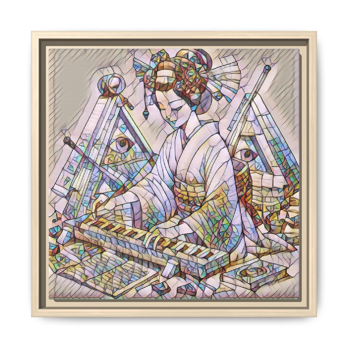 Framed Matte Canvas: Stained-Glass Geisha Wall Art