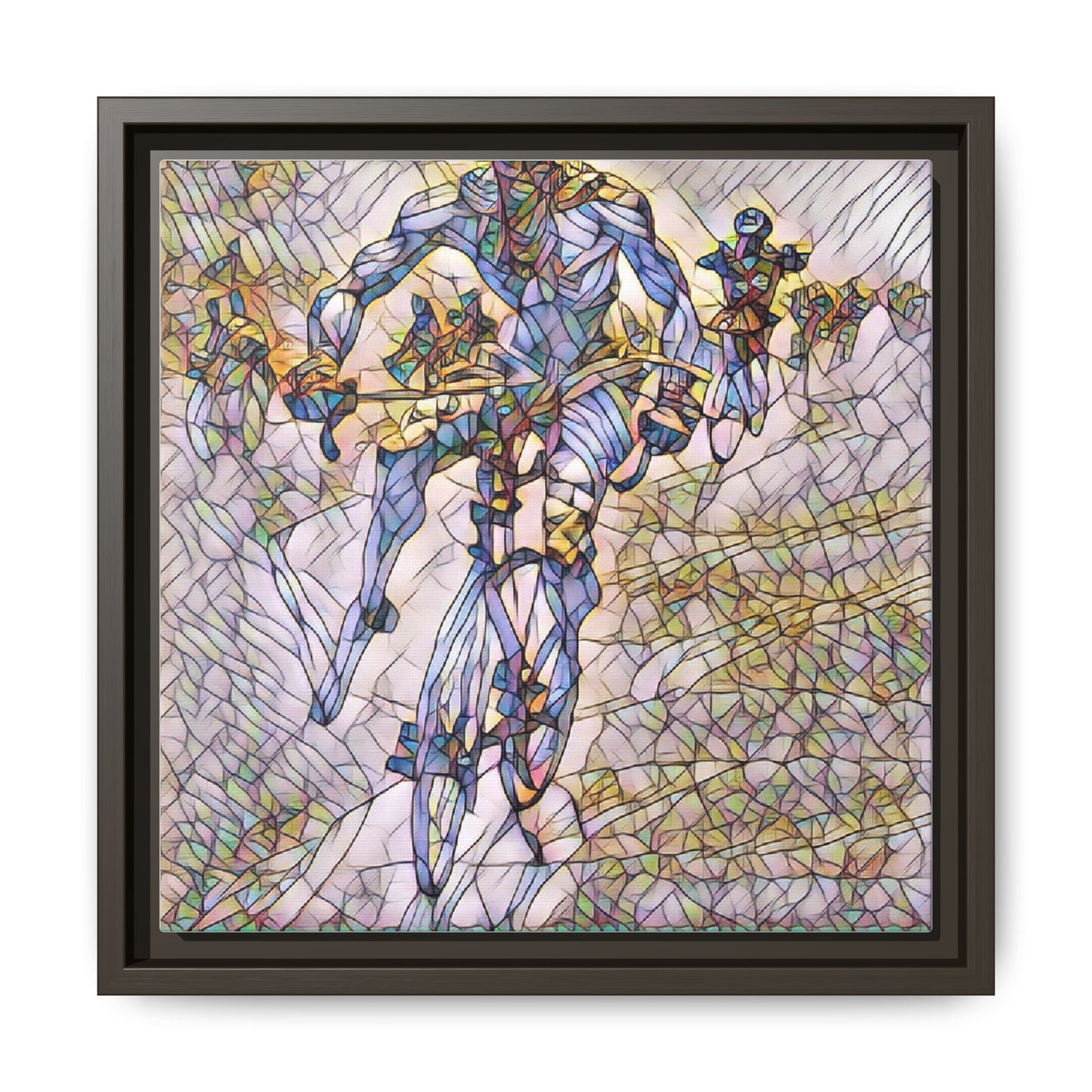 Abstract Cyclist Matte Canvas Framed Art — Colorful Stained-Glass Bike Print