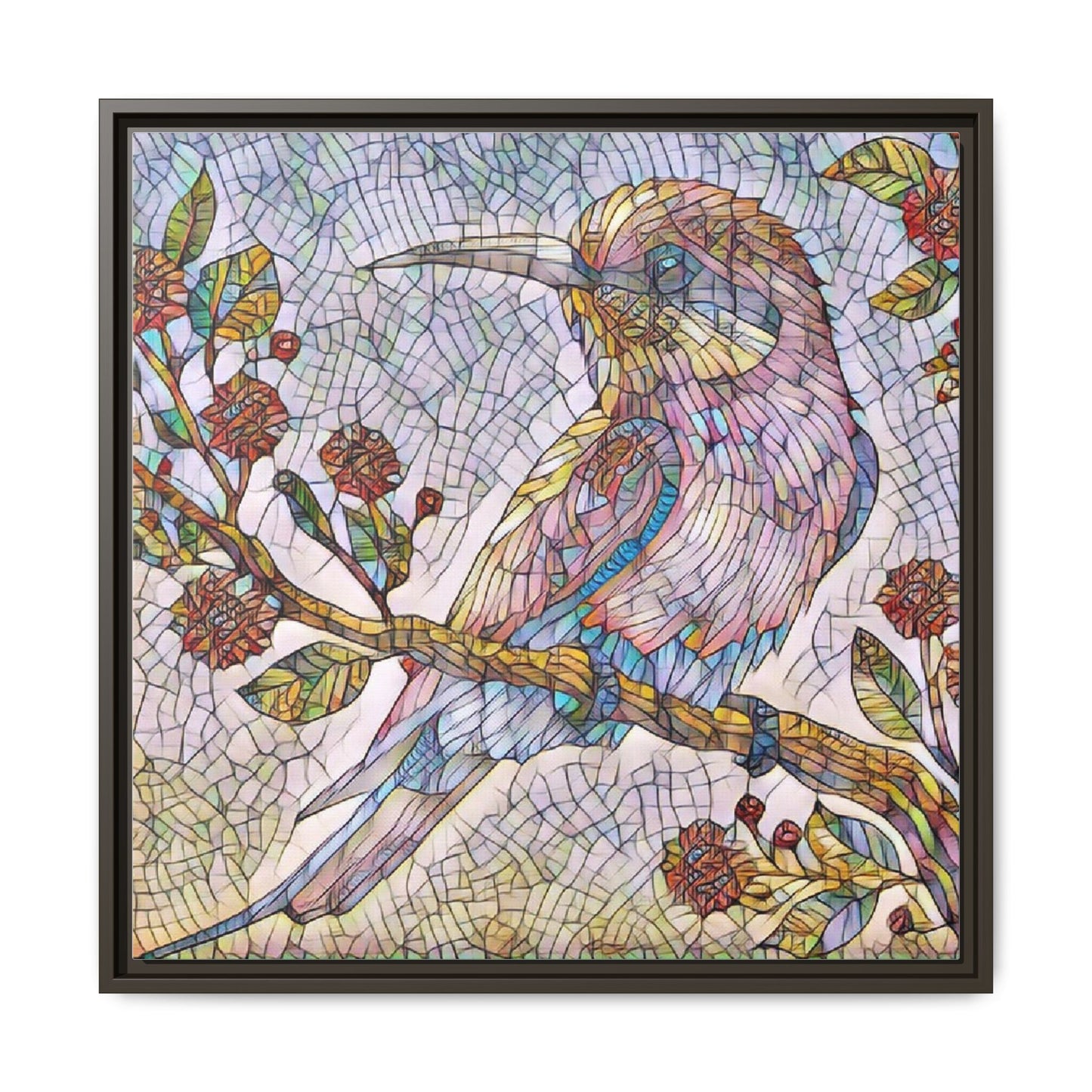 Framed Mosaic Bird Art Print — Colorful Kookaburra Wall Canvas