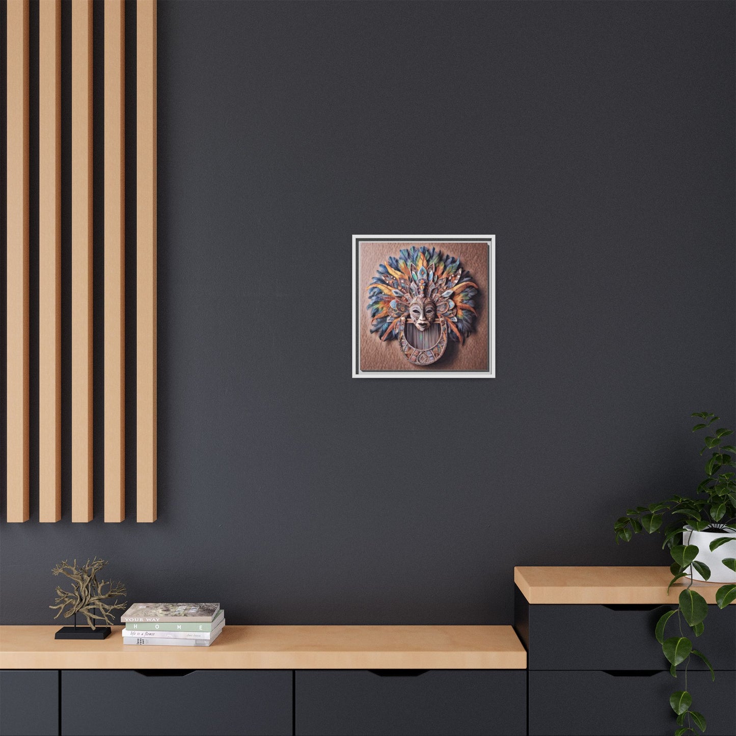 Tribal Feather Mask Framed Canvas Wall Art — Colorful Boho Decorative Print
