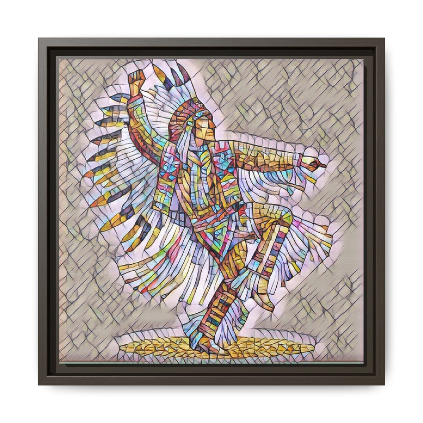 Colorful Native Dancer Framed Canvas Art — Stained Glass Style Wall Decor