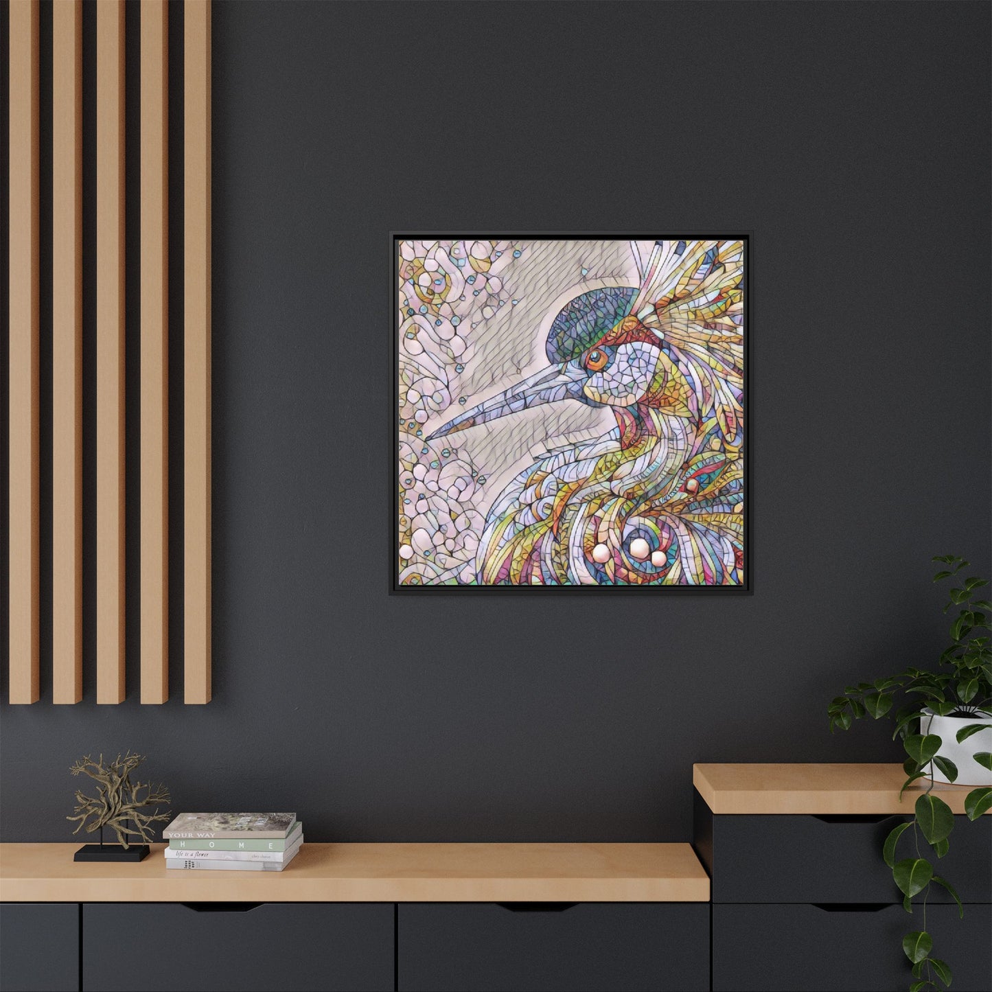 Colorful Stained-Glass Heron Matte Canvas Framed Wall Art