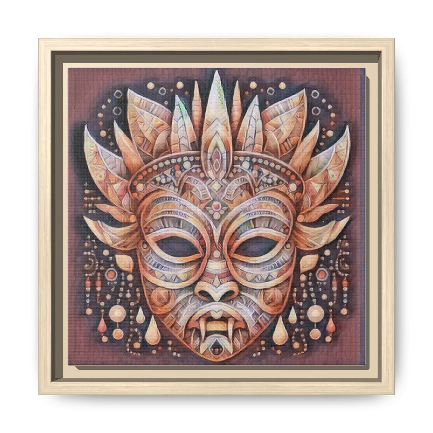 Tribal Sun Mask Framed Canvas Art — Boho Ethnic Wall Decor