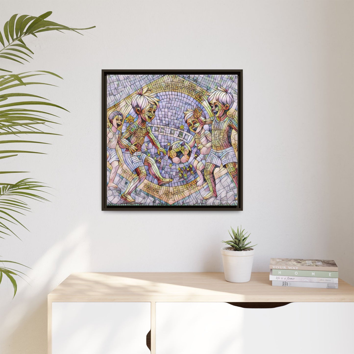Framed Matte Canvas – Vintage Mosaic Kids Playing Soccer Art