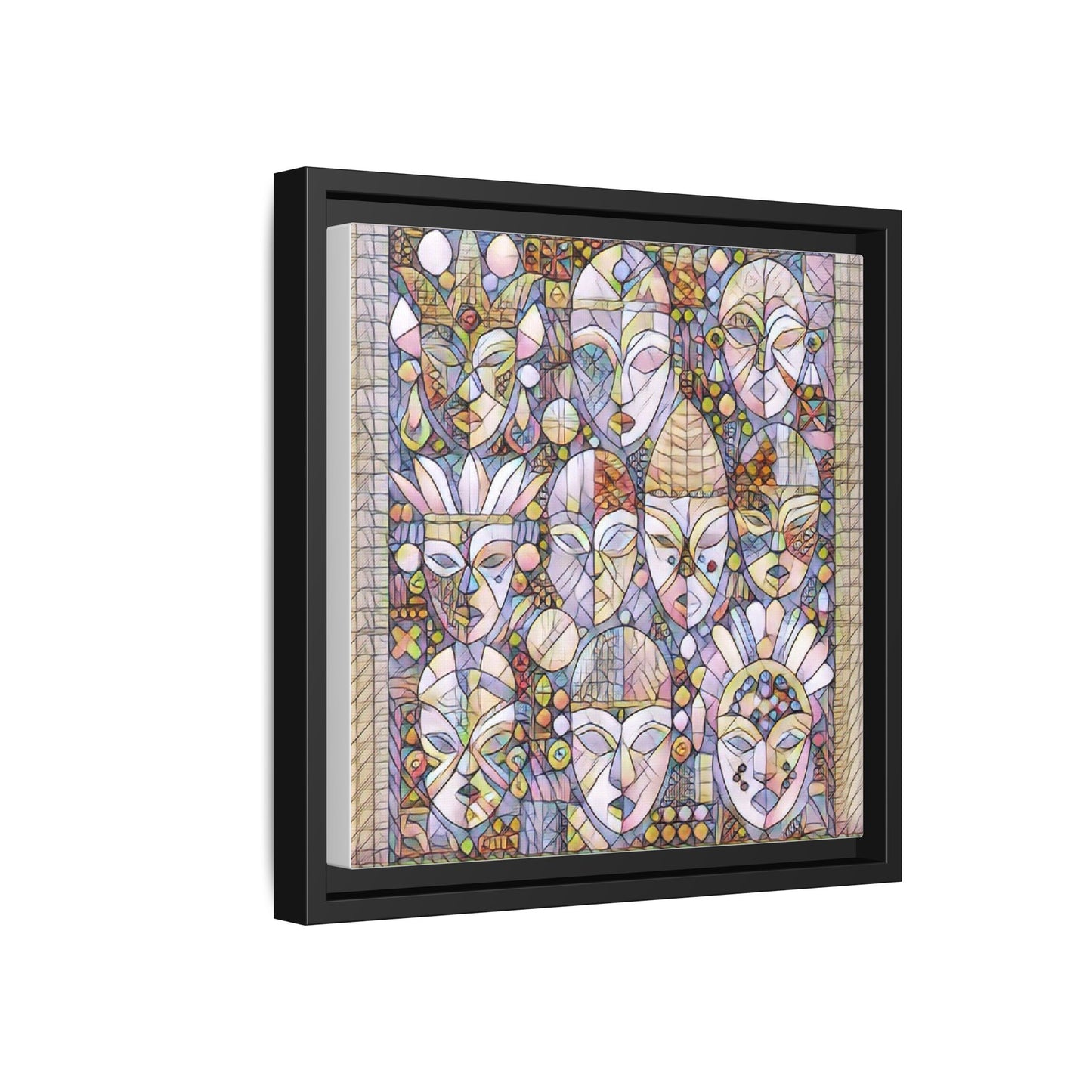 Framed Abstract Mask Art Canvas — Multicolor Stained-Glass Faces Wall Decor
