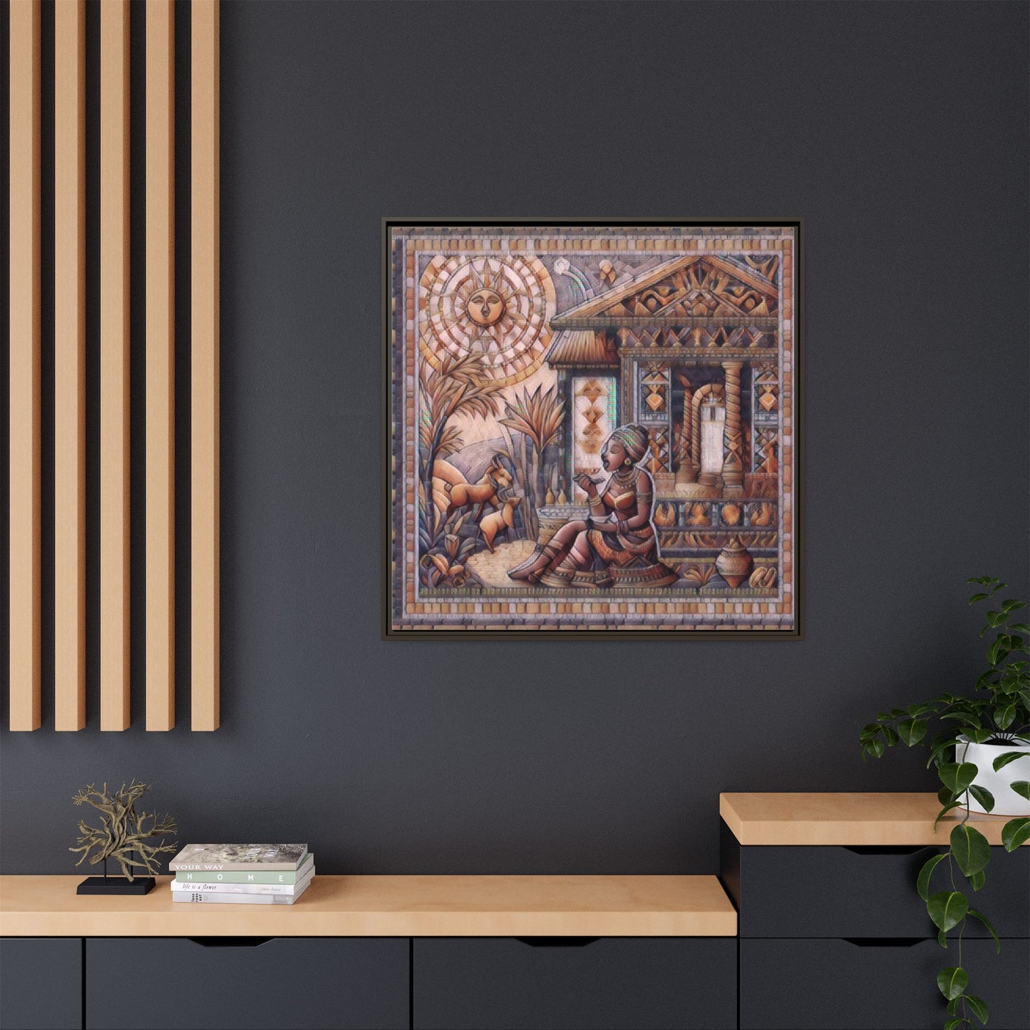 Egyptian Goddess Mosaic Framed Canvas Art — Colorful Ancient Ritual Wall Decor