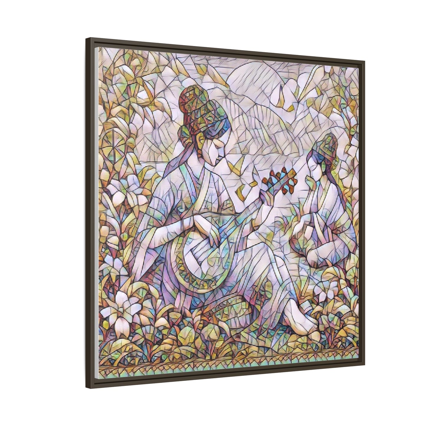 Framed Matte Canvas Art - Vintage Asian Musicians Floral Illustration