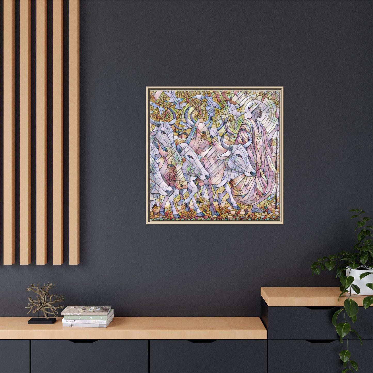 Framed Matte Canvas Art — Stained-Glass Style Cattle Herd