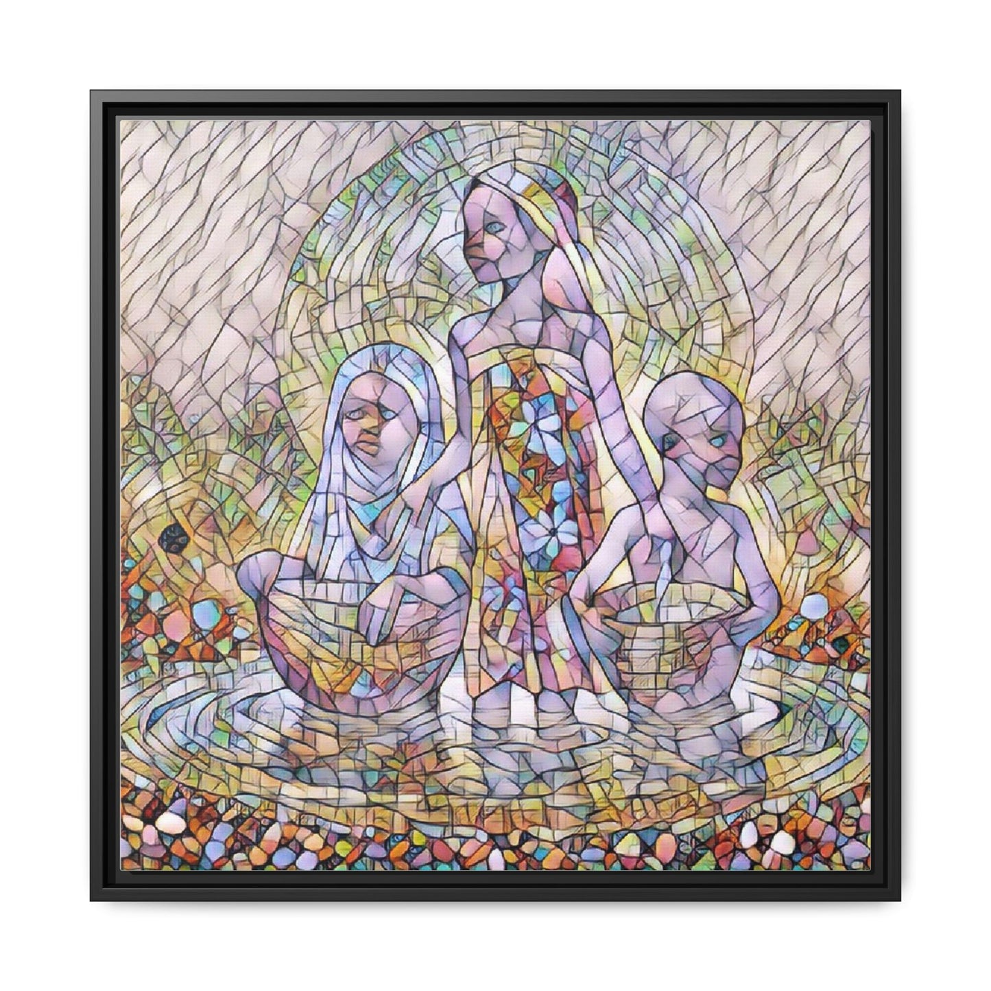 Framed Matte Canvas Art — Stained Glass Trio Women Illustration