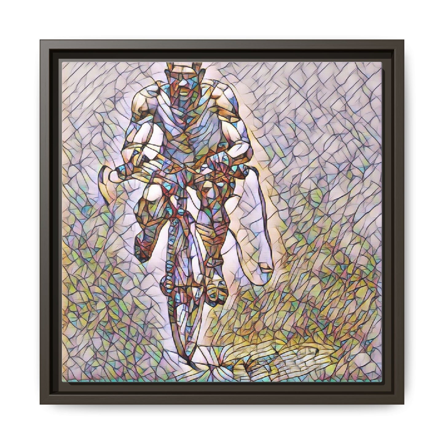 Cyclist Art Print — Framed Matte Canvas Wall Art (Multicolor Stained-Glass Style)