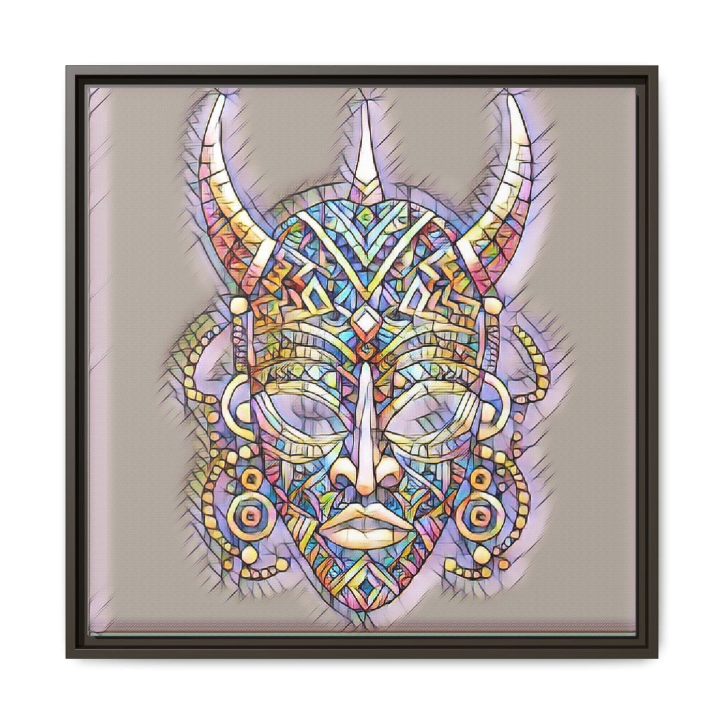 Colorful Tribal Mask Framed Canvas Art — Abstract Ethnic Wall Decor
