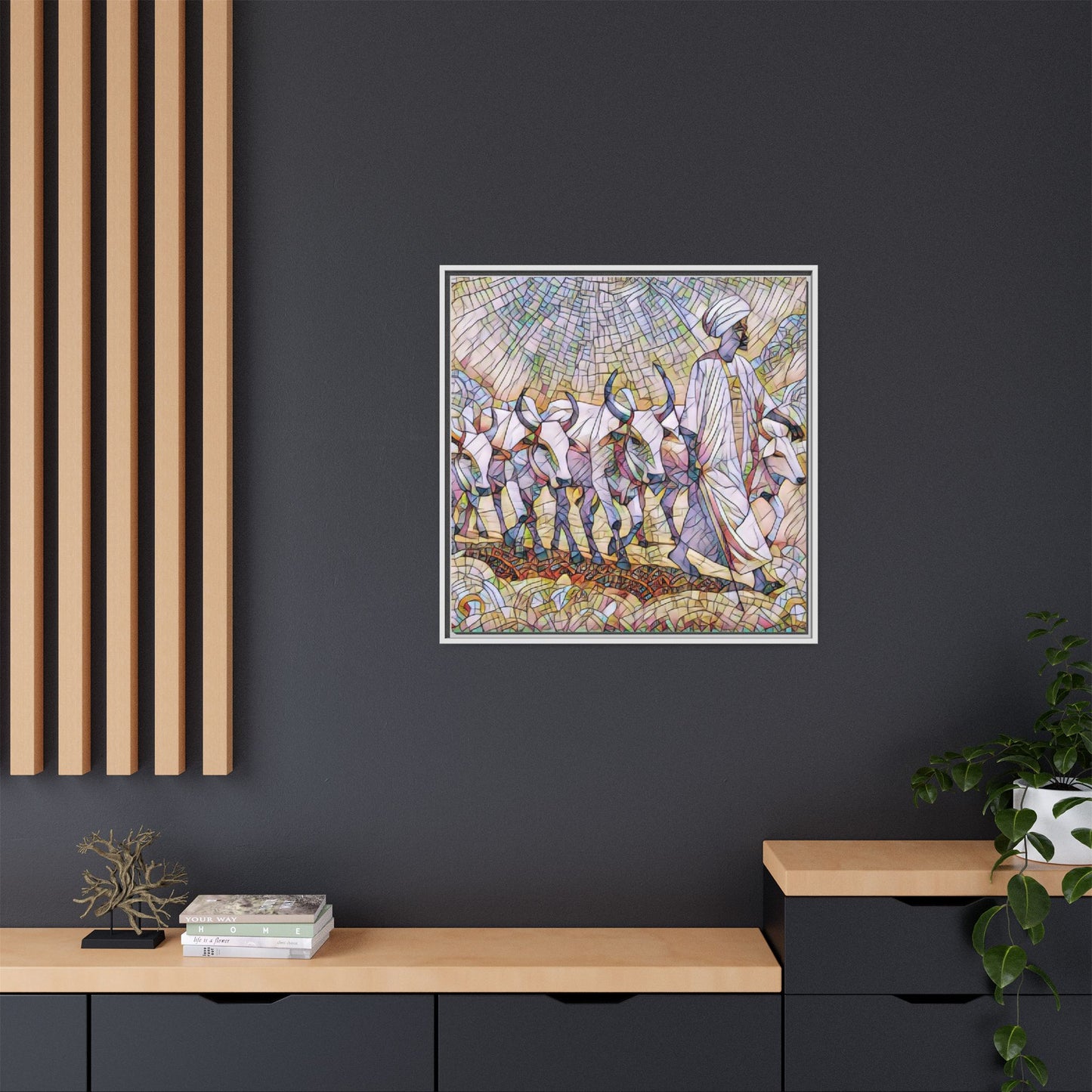 Framed Matte Canvas Art — African Herdsman Mosaic Print