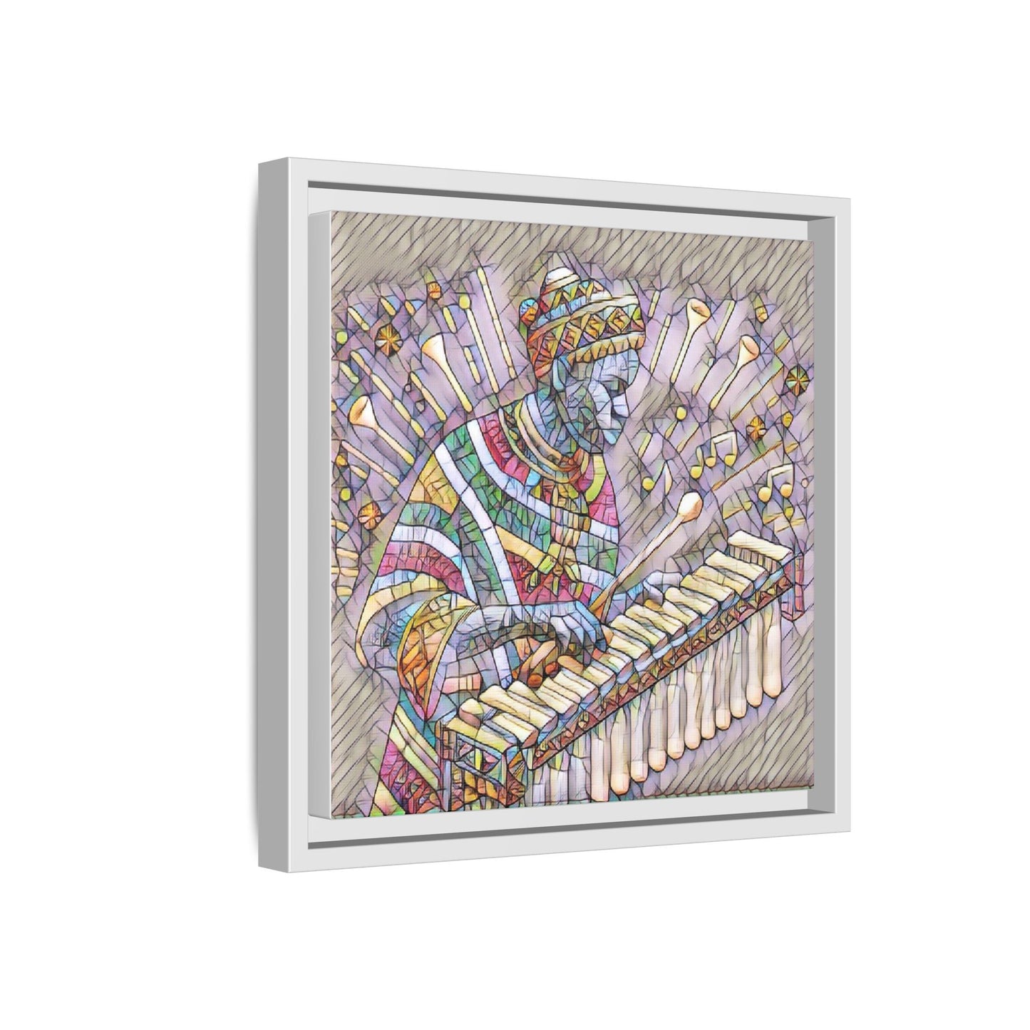 Colorful Marimba Musician Matte Framed Canvas — Vibrant African Instrument Wall Art