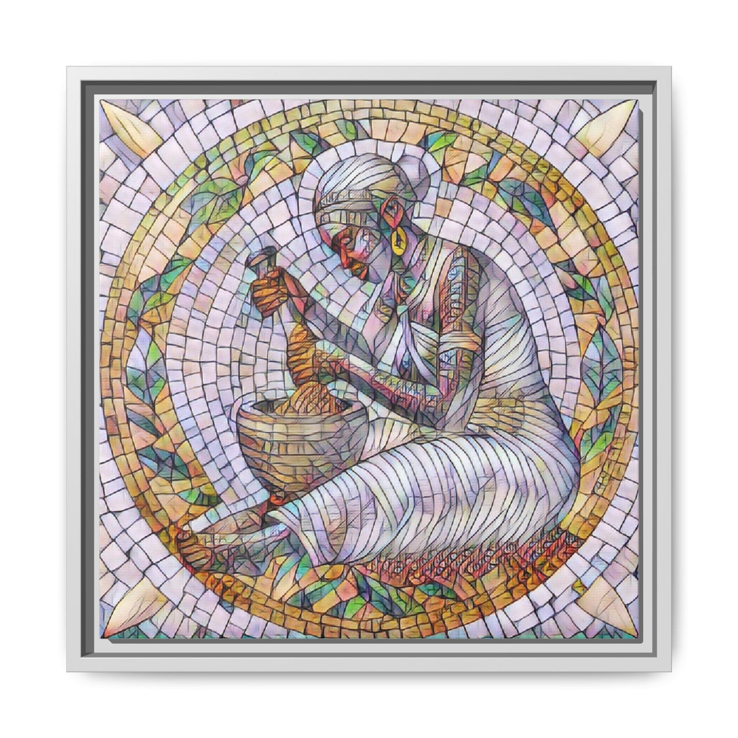 Framed Mosaic Art Print — Woman Grinding Grain (Matte Canvas)