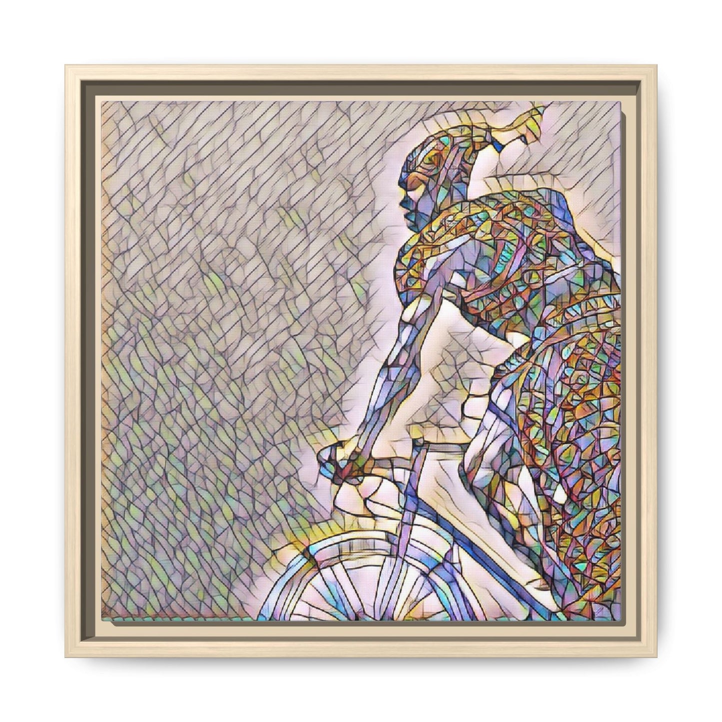 Cyclist Mosaic Matte Canvas Print — Framed Multicolor Bike Art
