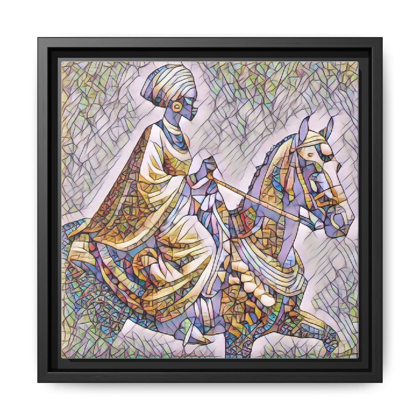 Mosaic Rider Framed Canvas Art — African Horsewoman Wall Decor
