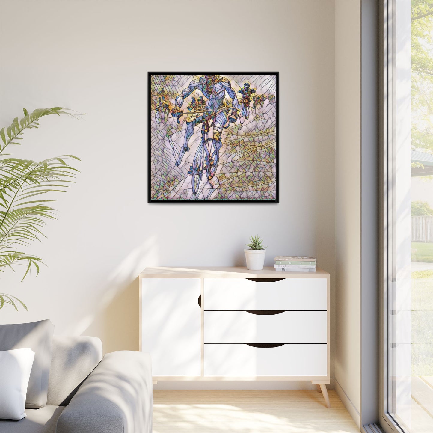 Abstract Cyclist Matte Canvas Framed Art — Colorful Stained-Glass Bike Print