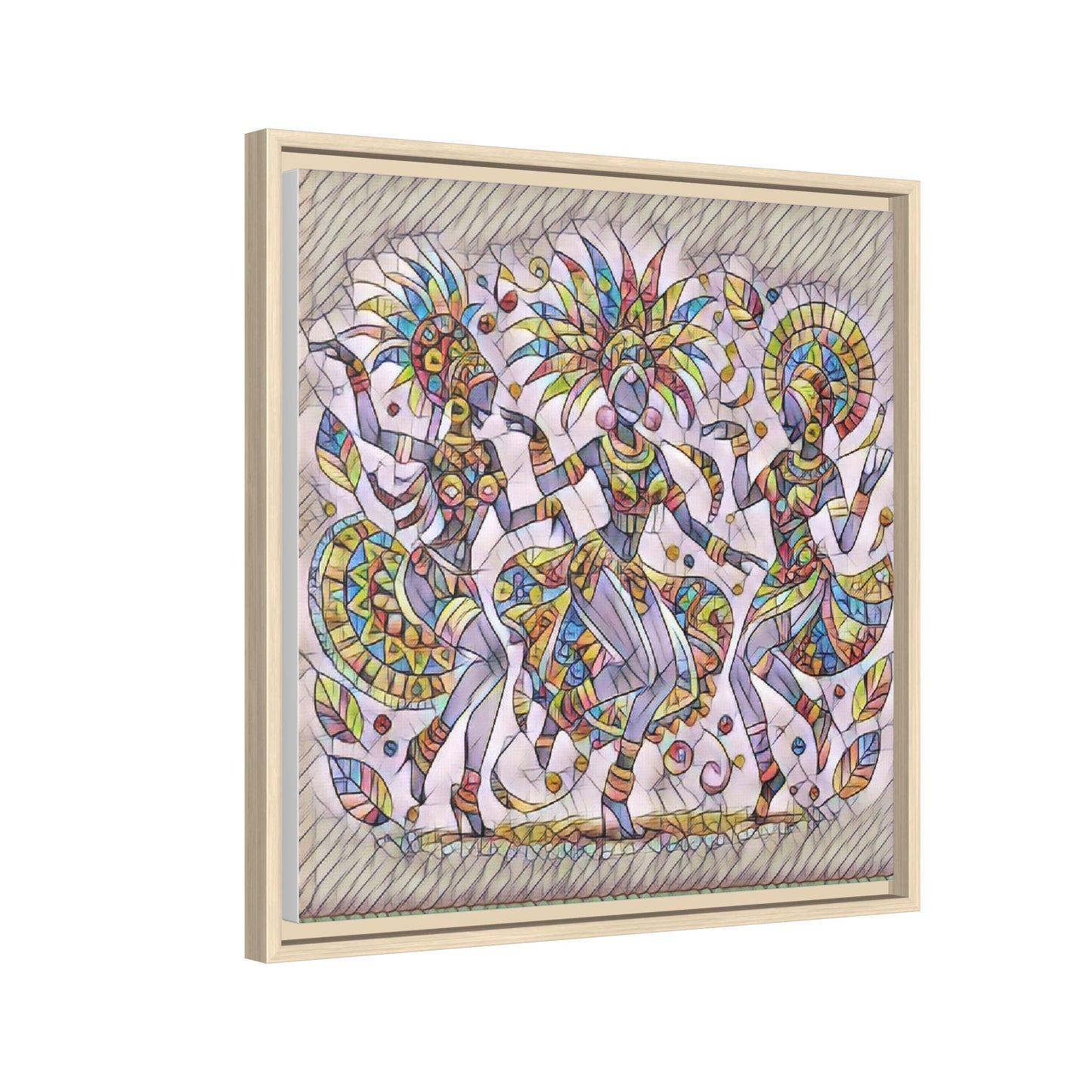 Colorful Carnival Dancers Framed Canvas Art — Multicolor Tribal Celebration Print