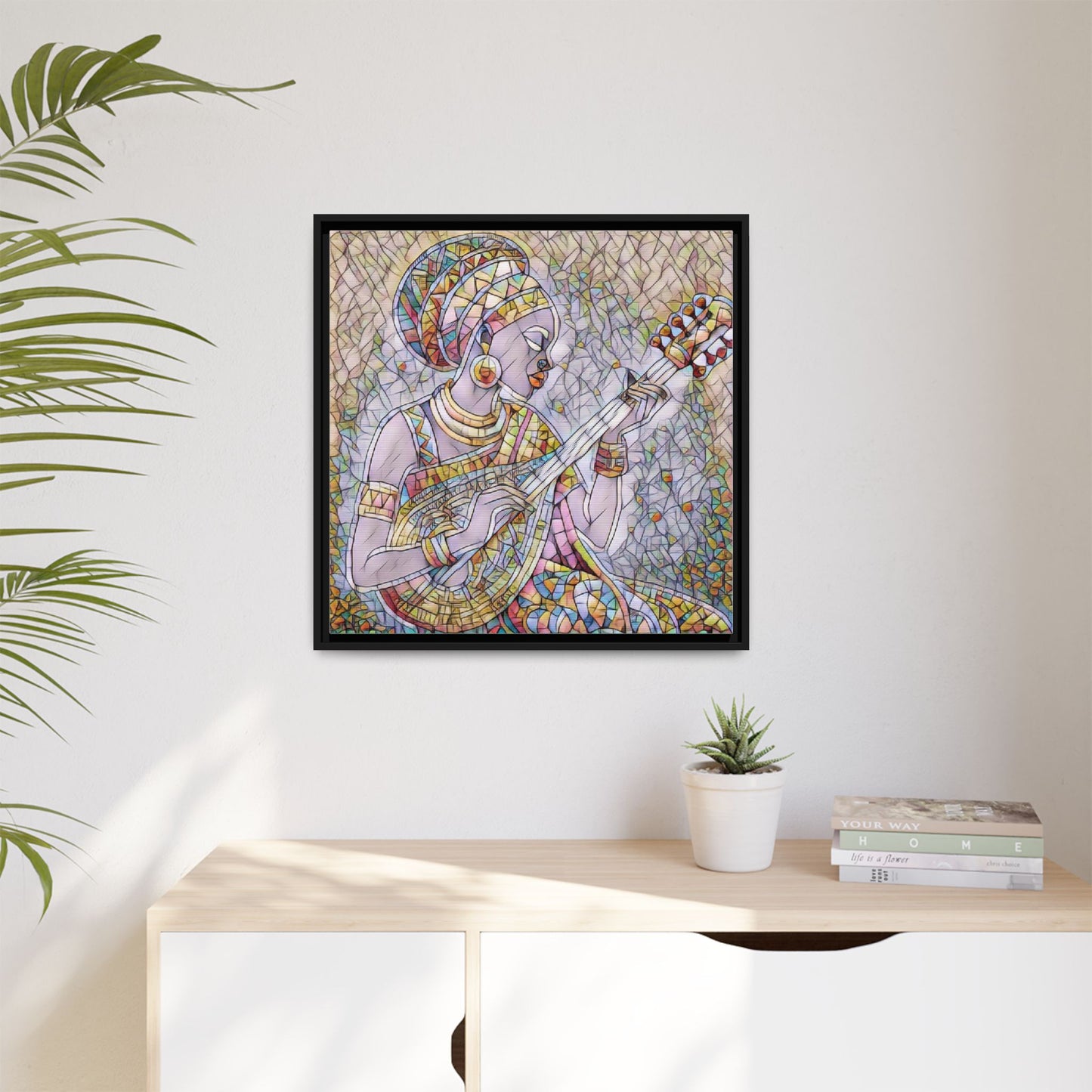 Framed Canvas Art — Colorful African Woman Playing Lute (Matte Multi‑Color)