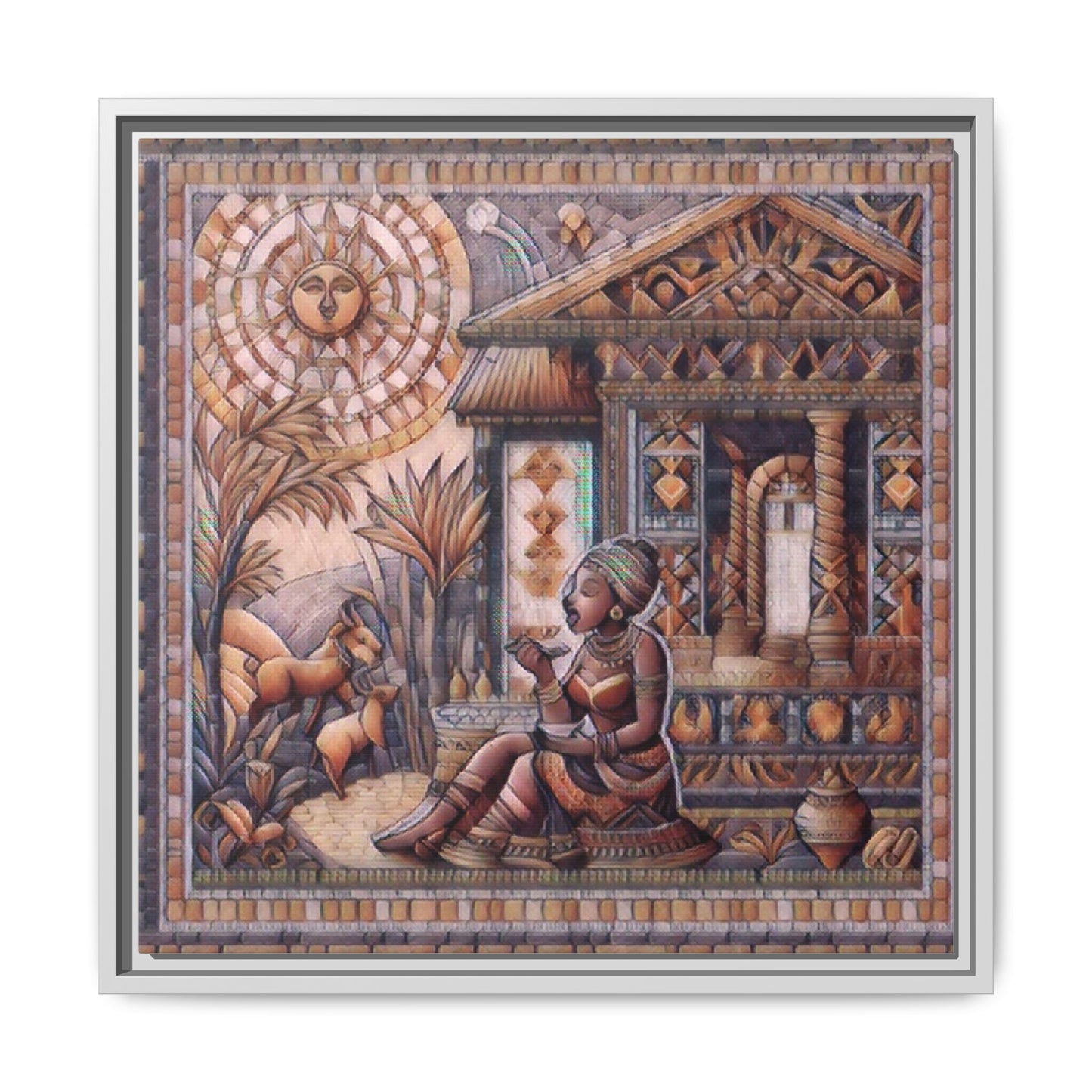Egyptian Goddess Mosaic Framed Canvas Art — Colorful Ancient Ritual Wall Decor
