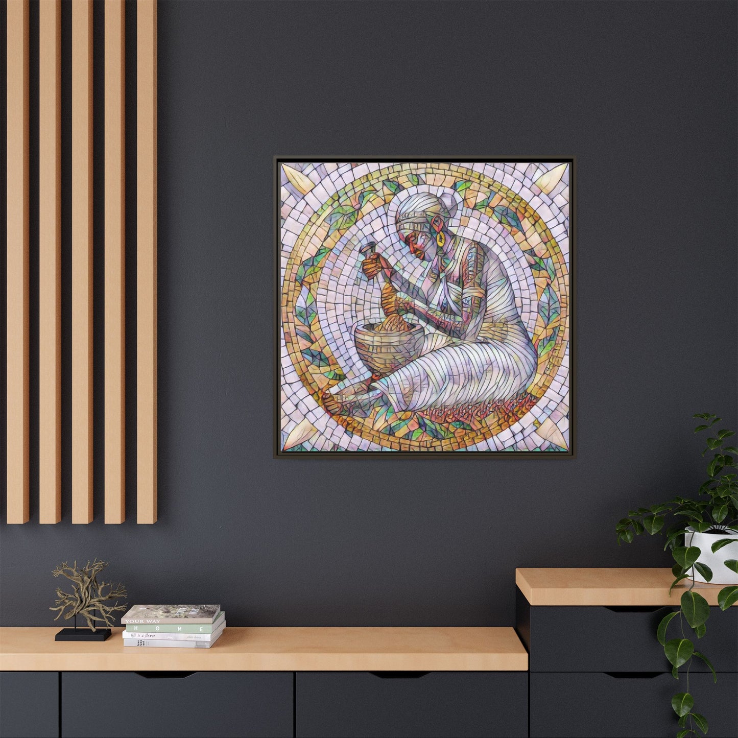 Framed Mosaic Art Print — Woman Grinding Grain (Matte Canvas)