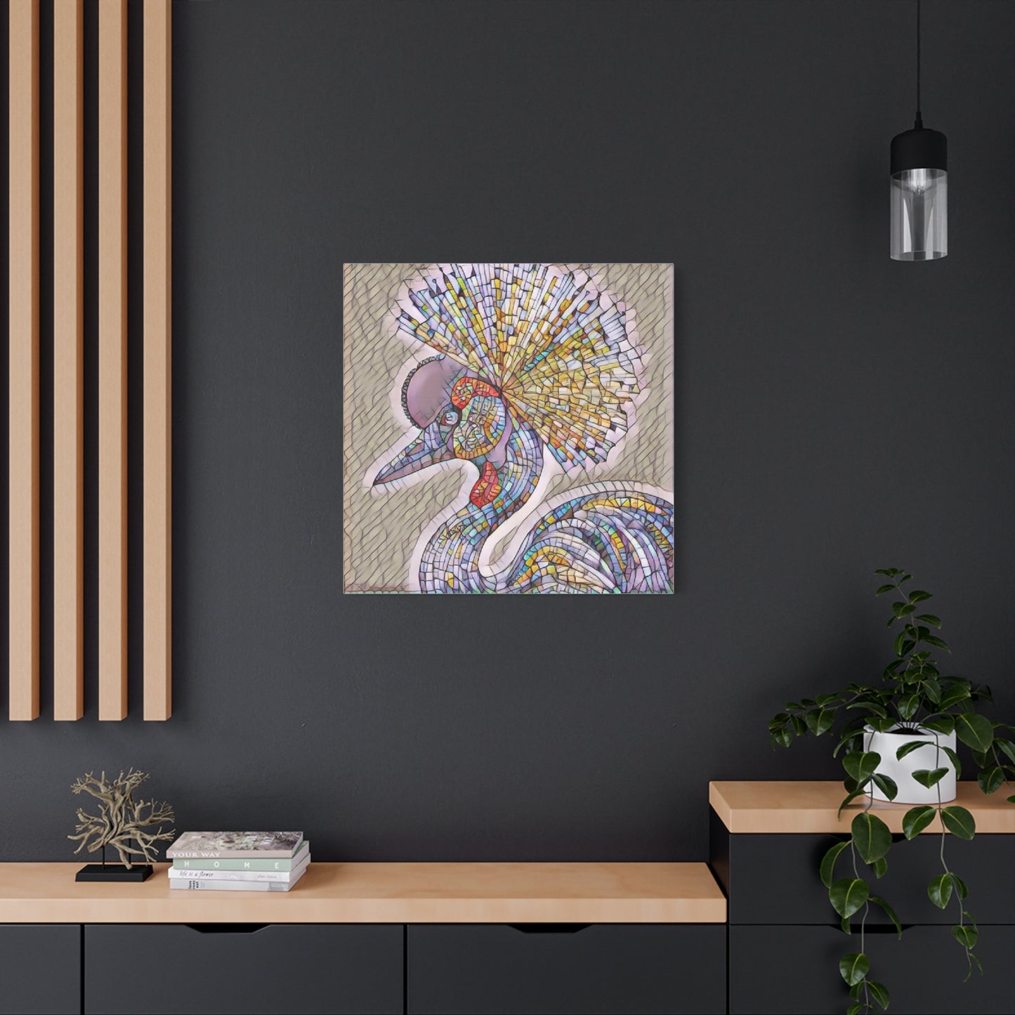 Colorful Mosaic Crowned Crane Canvas Wall Art — Stretched Matte Print