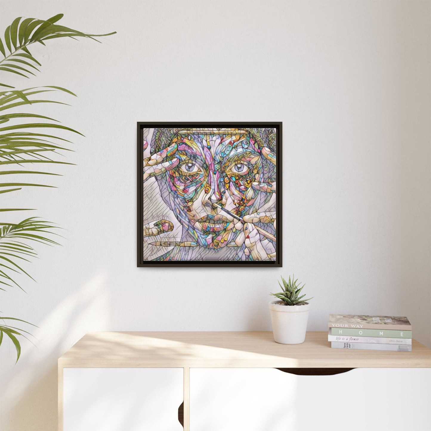 Framed Abstract Mosaic Face Canvas — Colorful Modern Wall Art