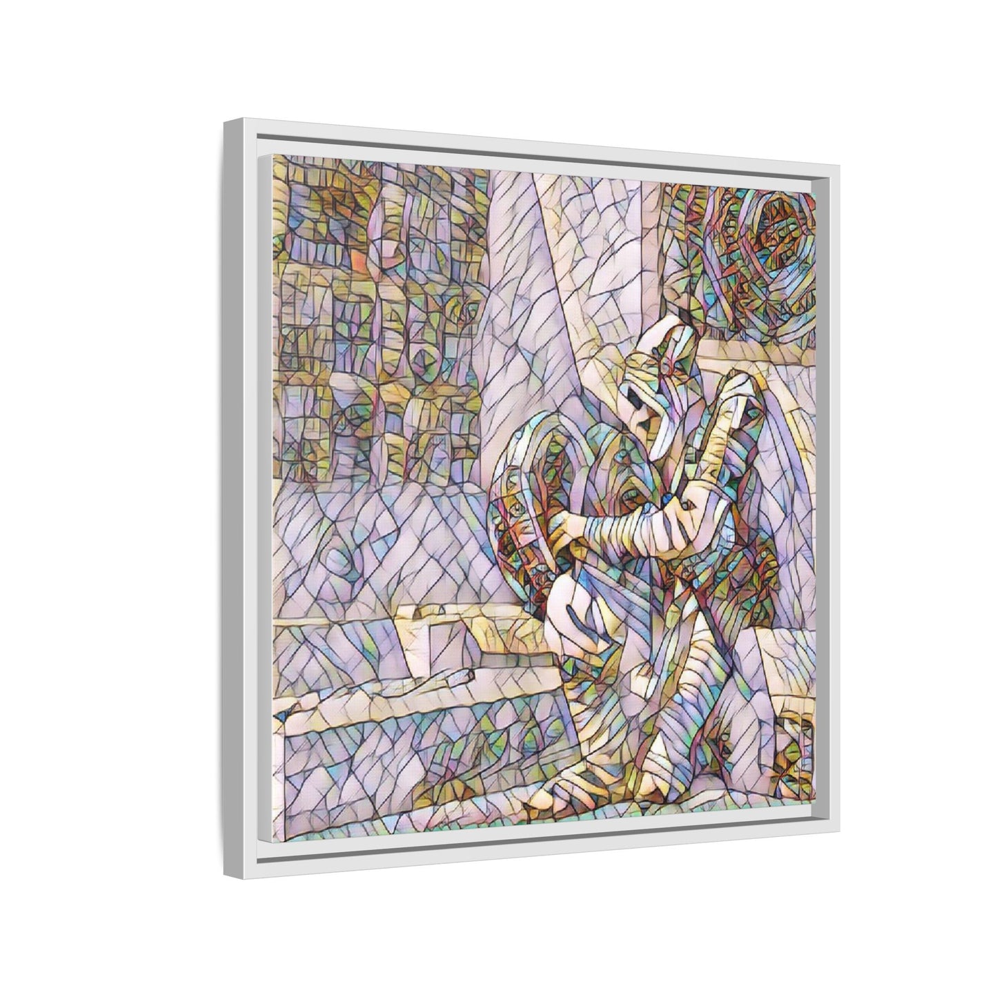 Framed Matte Canvas Art — Colorful Stained-Glass Astronaut Embrace