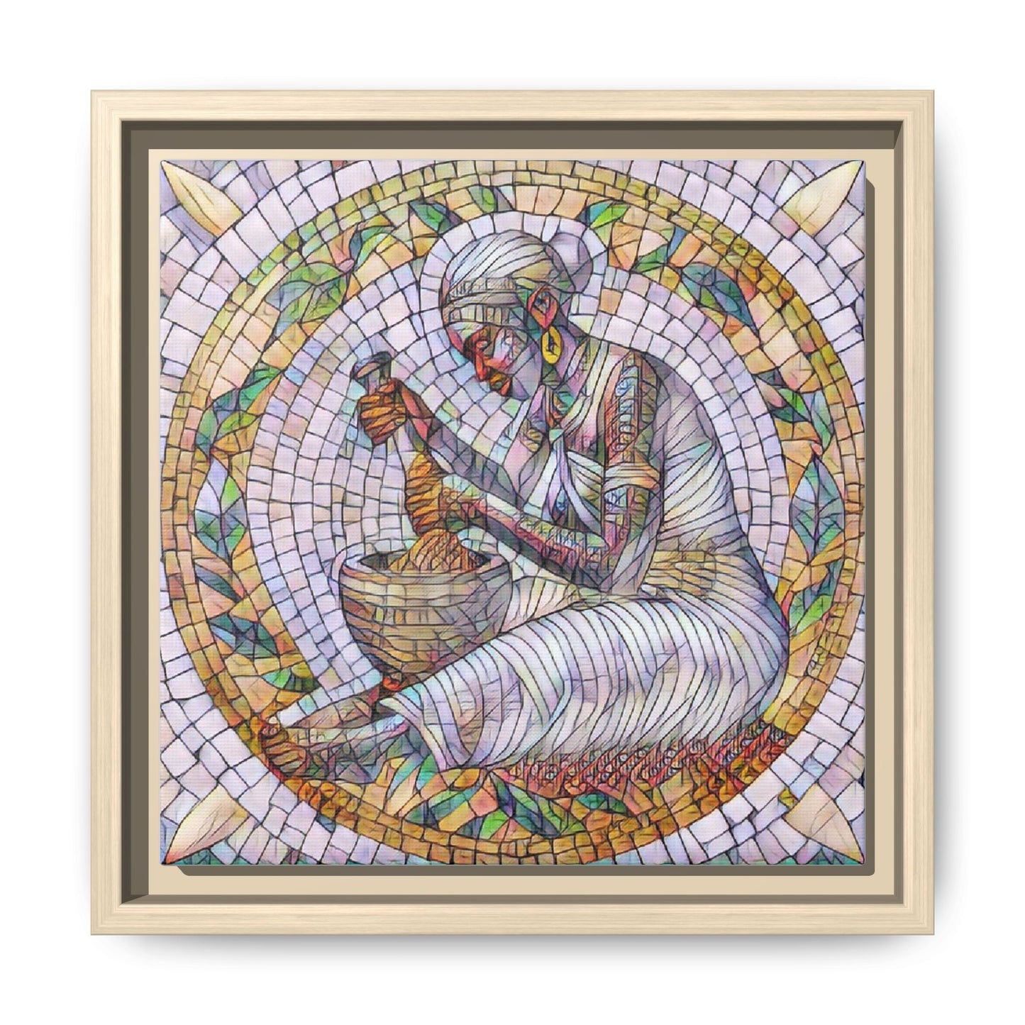 Framed Mosaic Art Print — Woman Grinding Grain (Matte Canvas)