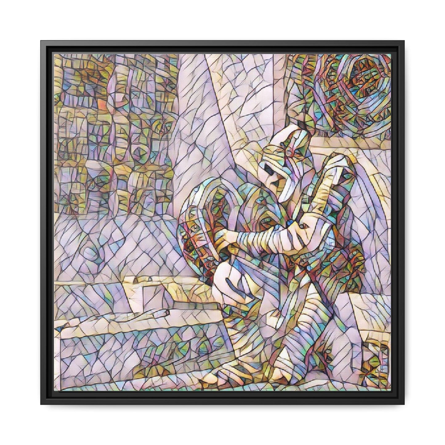 Framed Matte Canvas Art — Colorful Stained-Glass Astronaut Embrace