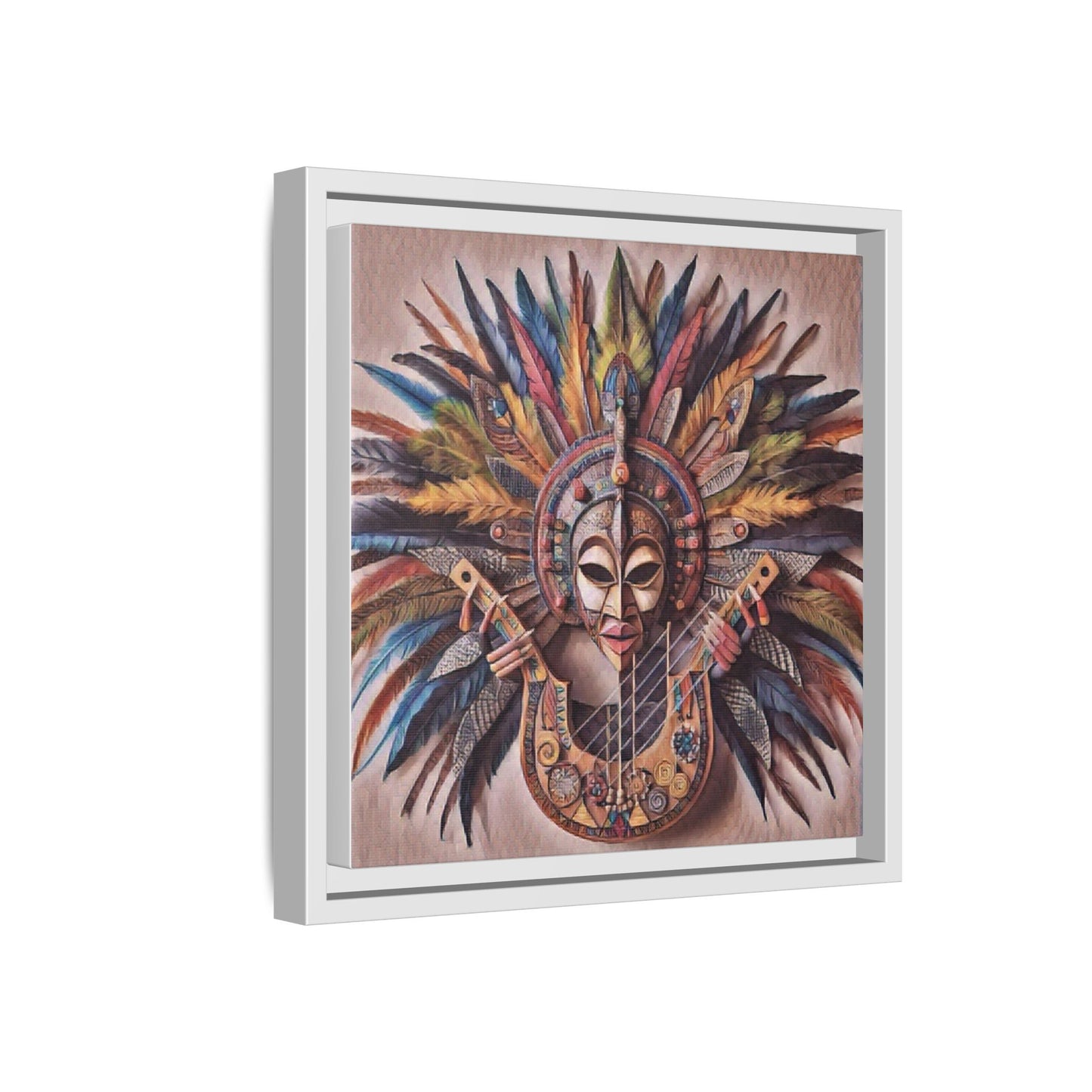 Tribal Feather Mask Guitar Framed Canvas Art — Colorful Boho Wall Decor