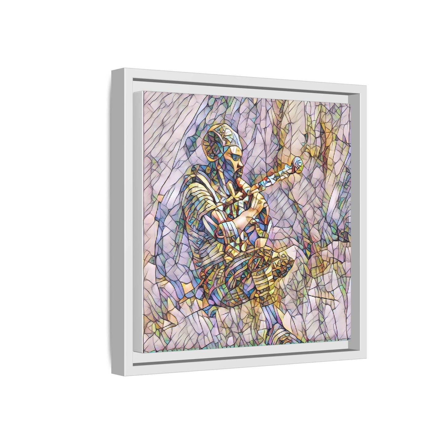Celtic Piper Framed Matte Canvas — Stained-Glass Style Highland Bagpiper Art