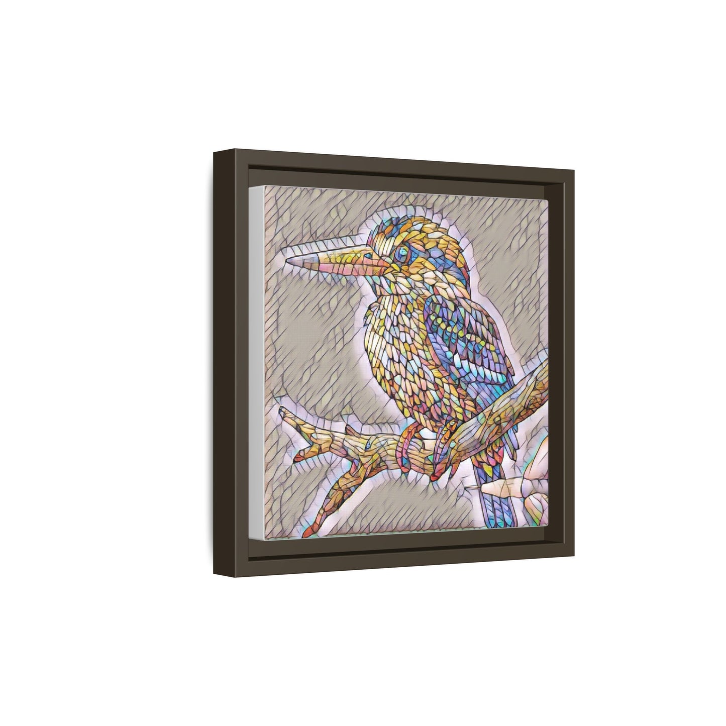 Colorful Kingfisher Framed Canvas Wall Art — Stained-Glass Style Bird Print